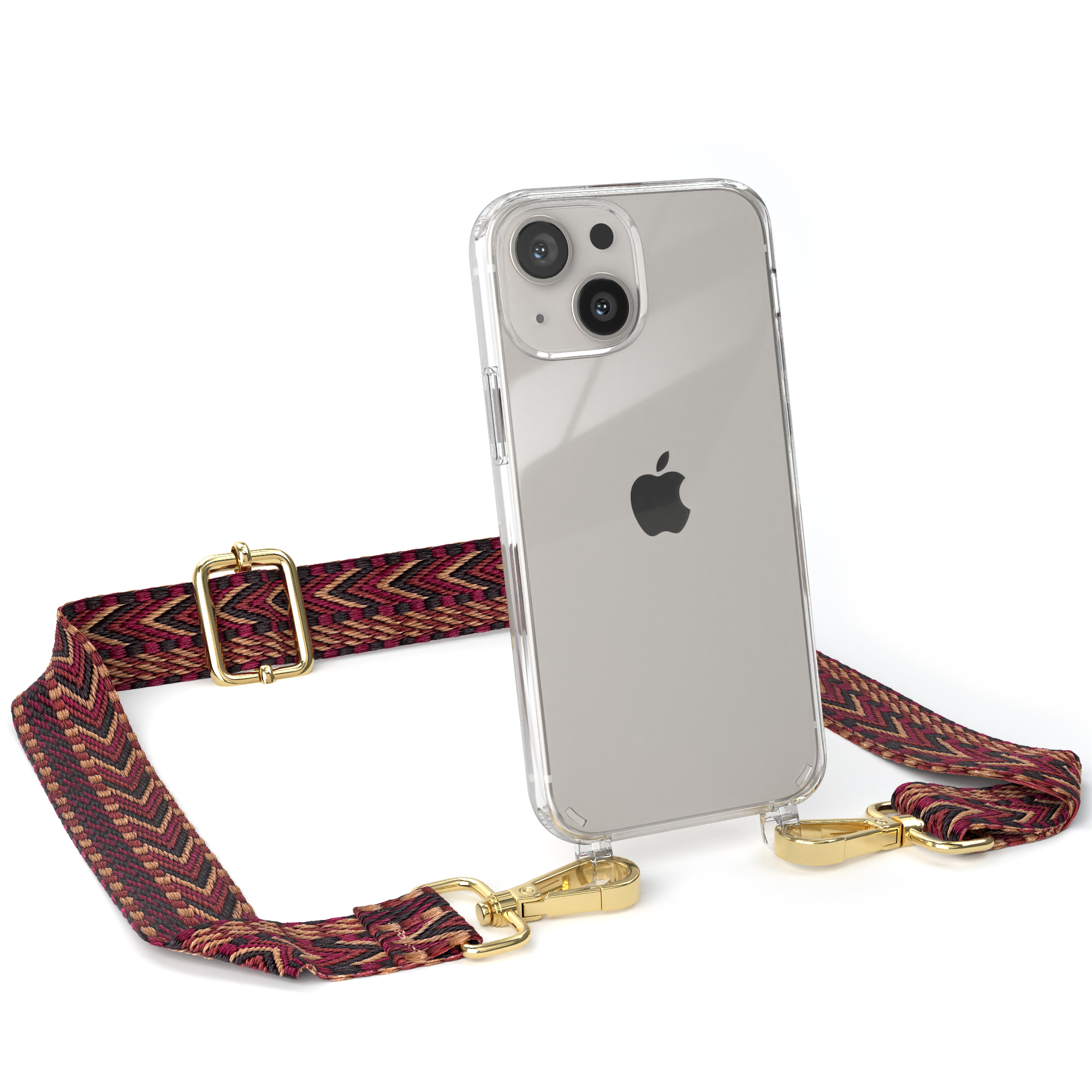 Transparente Handyhülle mit rotem Riemen. Telefon hat Apple-Logo. Weißer Hintergrund.