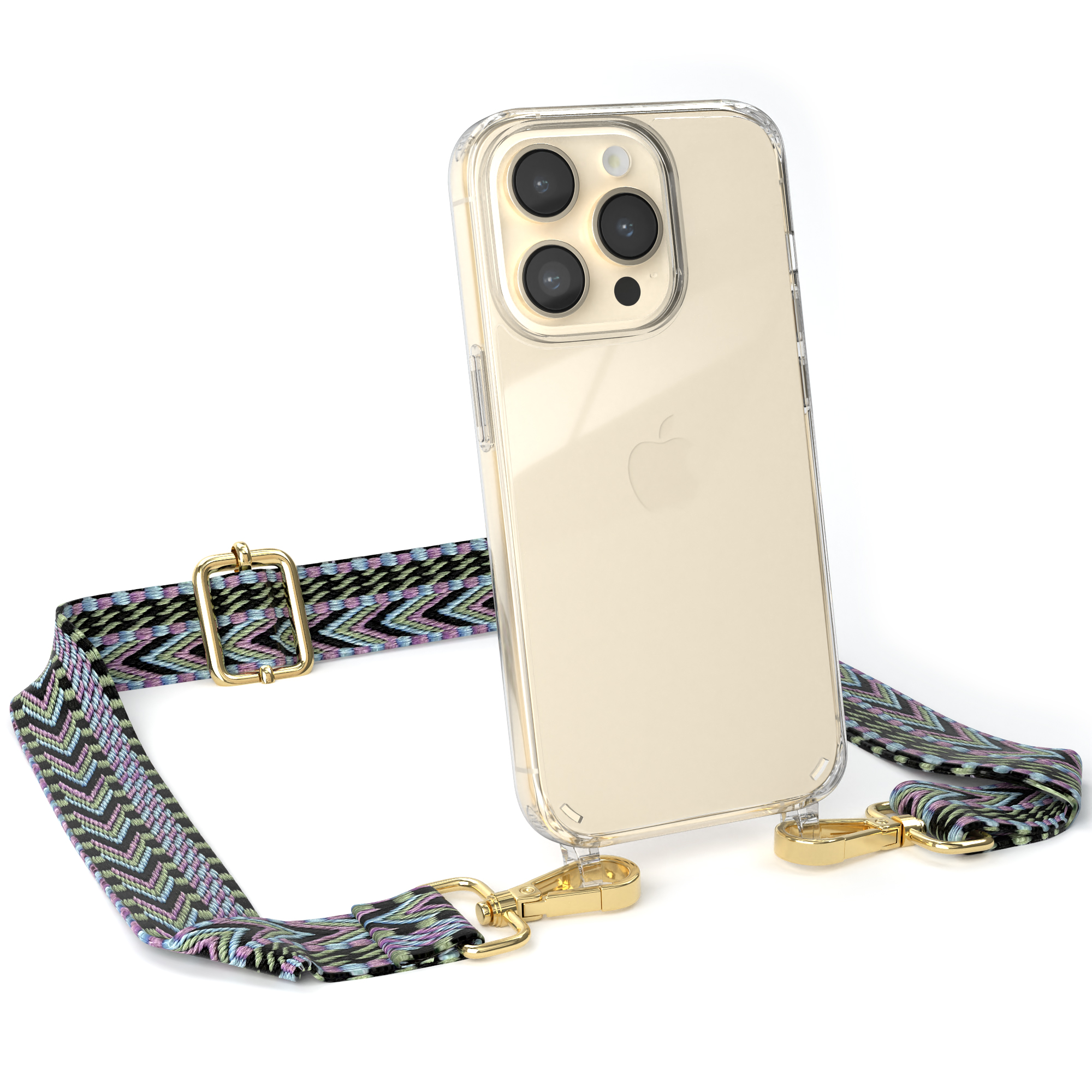 Transparente Handyhülle mit Trageriemen. Riemen hat ein Muster. Goldene Hardware. Weißer Hintergrund.