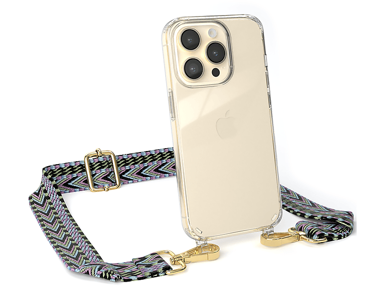 EAZY CASE Transparente Kordel mit Umhängetasche, iPhone Handyhülle Apple, Violett Grün Style, Boho Pro, / 14