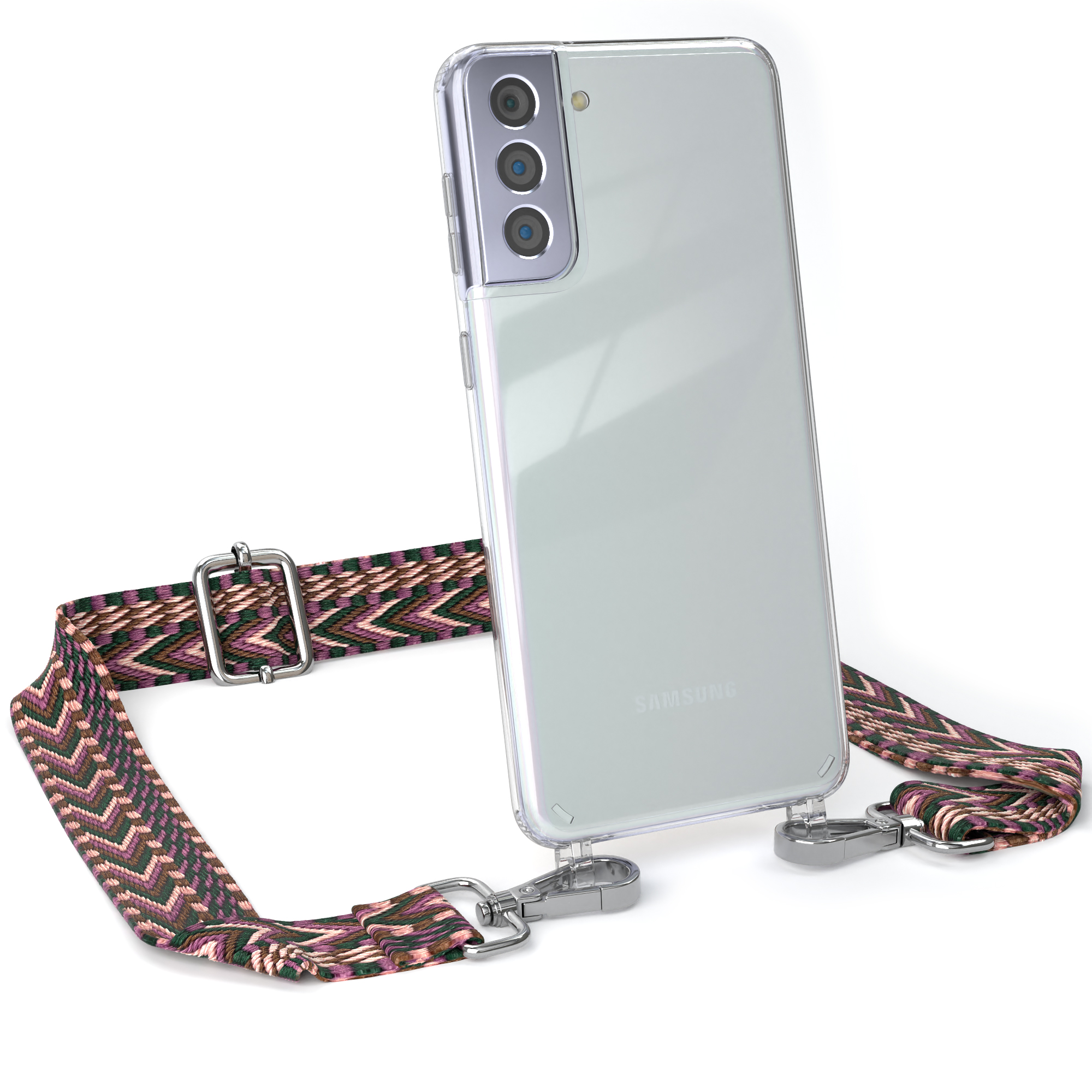 Eine transparente Handyhülle mit einem Band. Das Band ist mit Rosa, Grün und Dunkellila gemustert.
