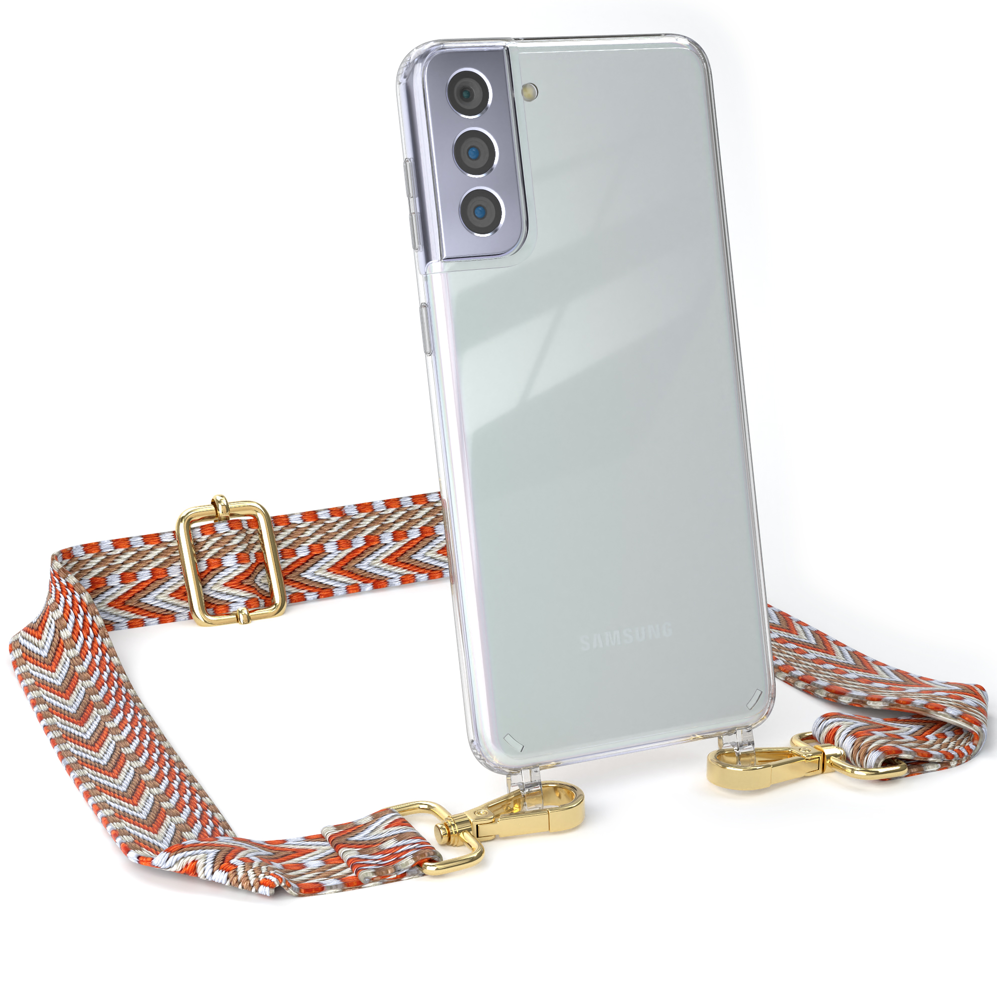 Klares Samsung-Telefon mit Riemen. Der Riemen ist orange, weiß und grau. Telefon mit goldener Schnalle.