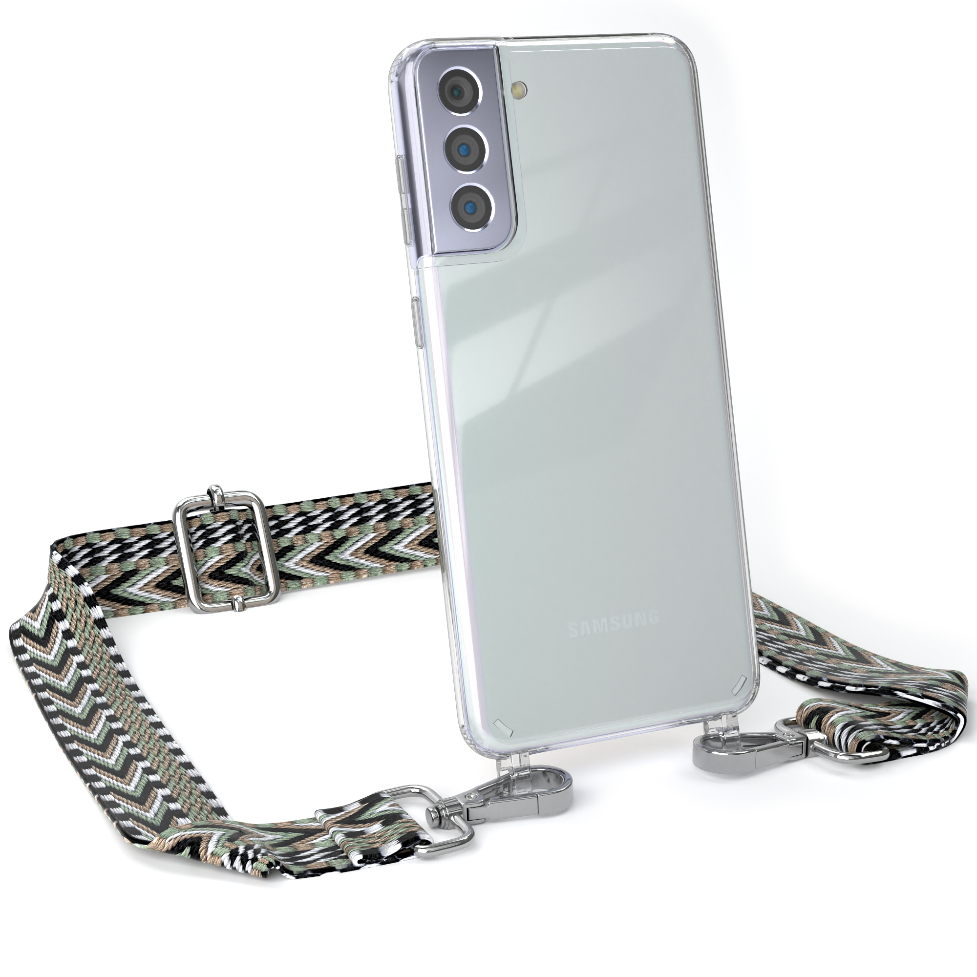 Transparente Handyhülle mit gemustertem Trageriemen. Silberbeschläge, weißer Hintergrund.