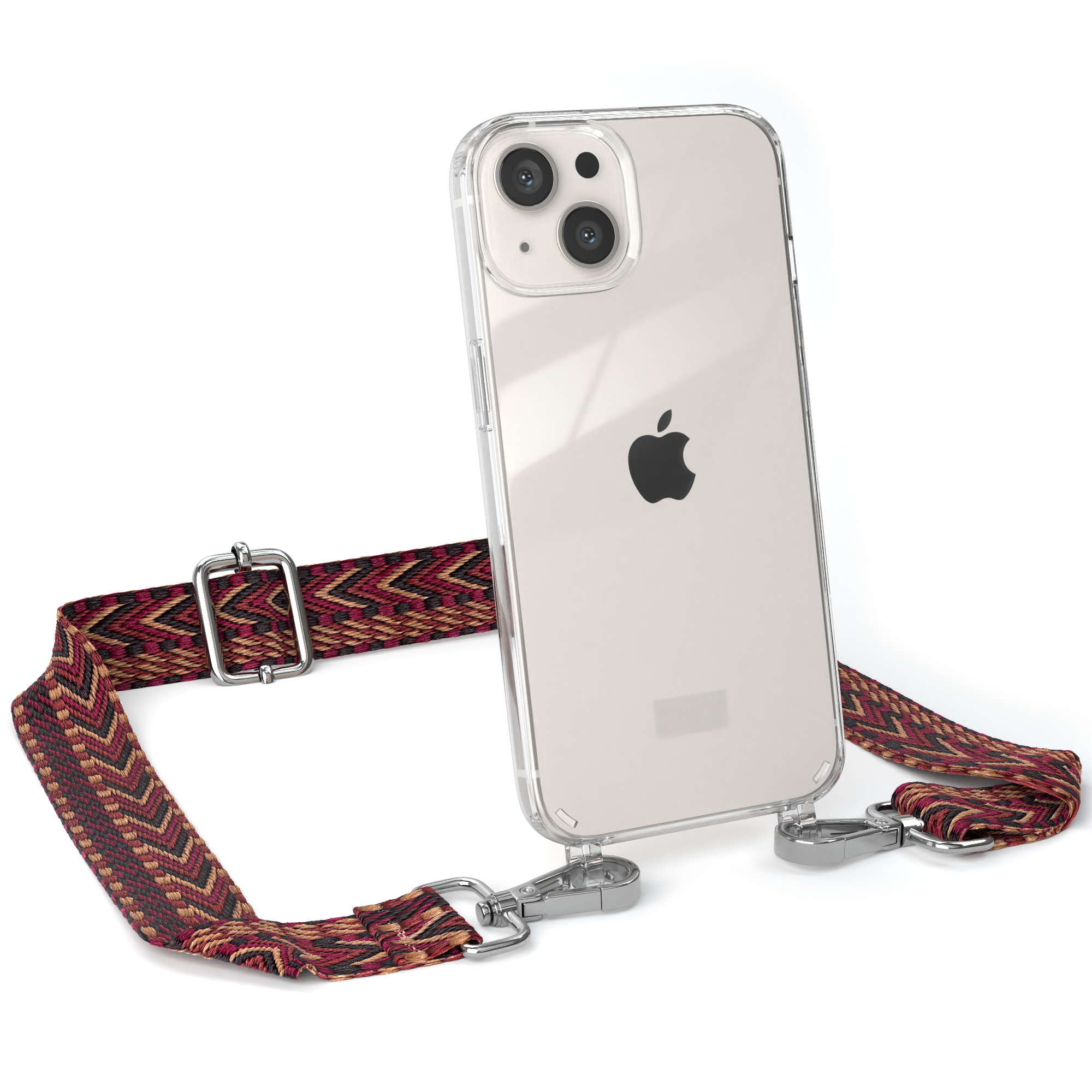 EAZY CASE Transparente Handyhülle Umhängetasche, mit iPhone Braun / Boho 13, Kordel Apple, Style, Rot