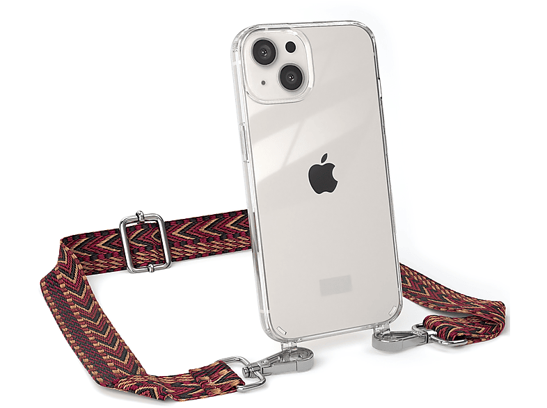 EAZY CASE Transparente Handyhülle mit Umhängetasche, Braun Rot Kordel iPhone 13, Style, / Boho Apple
