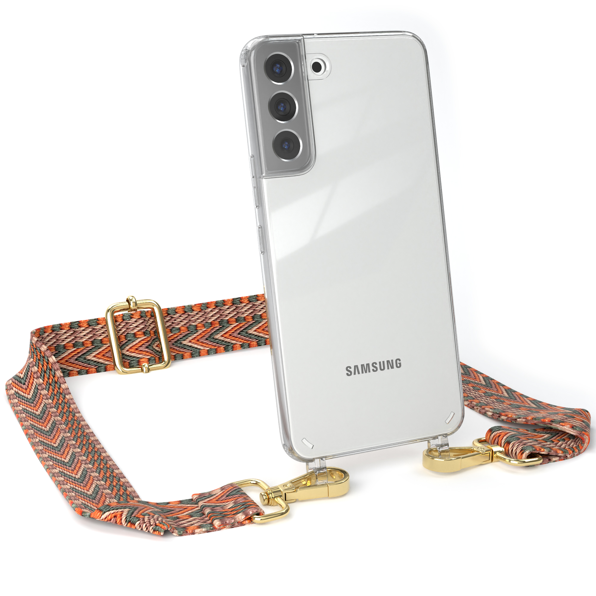 Handyhülle Style, S22 EAZY Transparente Plus Kordel Samsung, Grün CASE Galaxy Umhängetasche, 5G, Boho / Orange mit