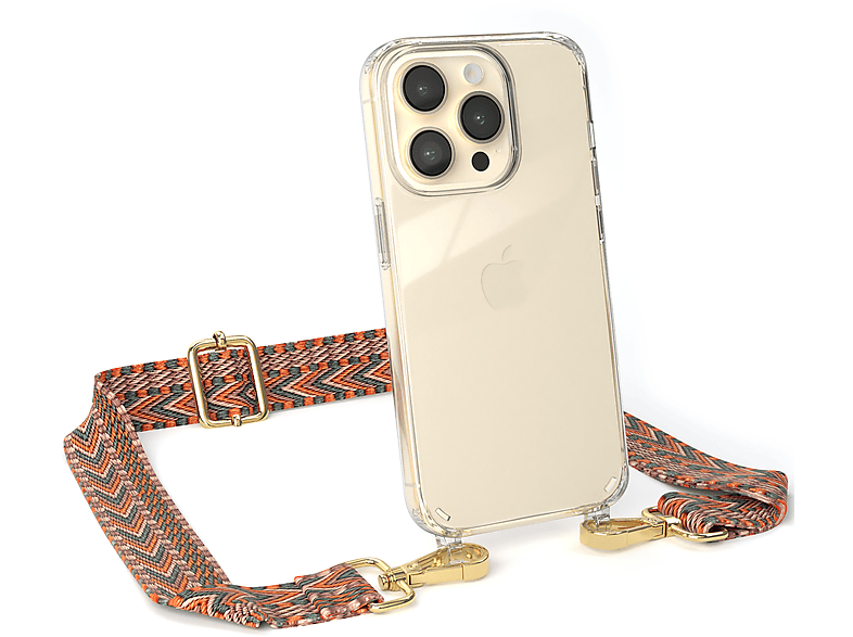 EAZY CASE Transparente Handyhülle mit Kordel Boho Style, Umhängetasche, Apple, iPhone 14 Pro, Orange / Grün
