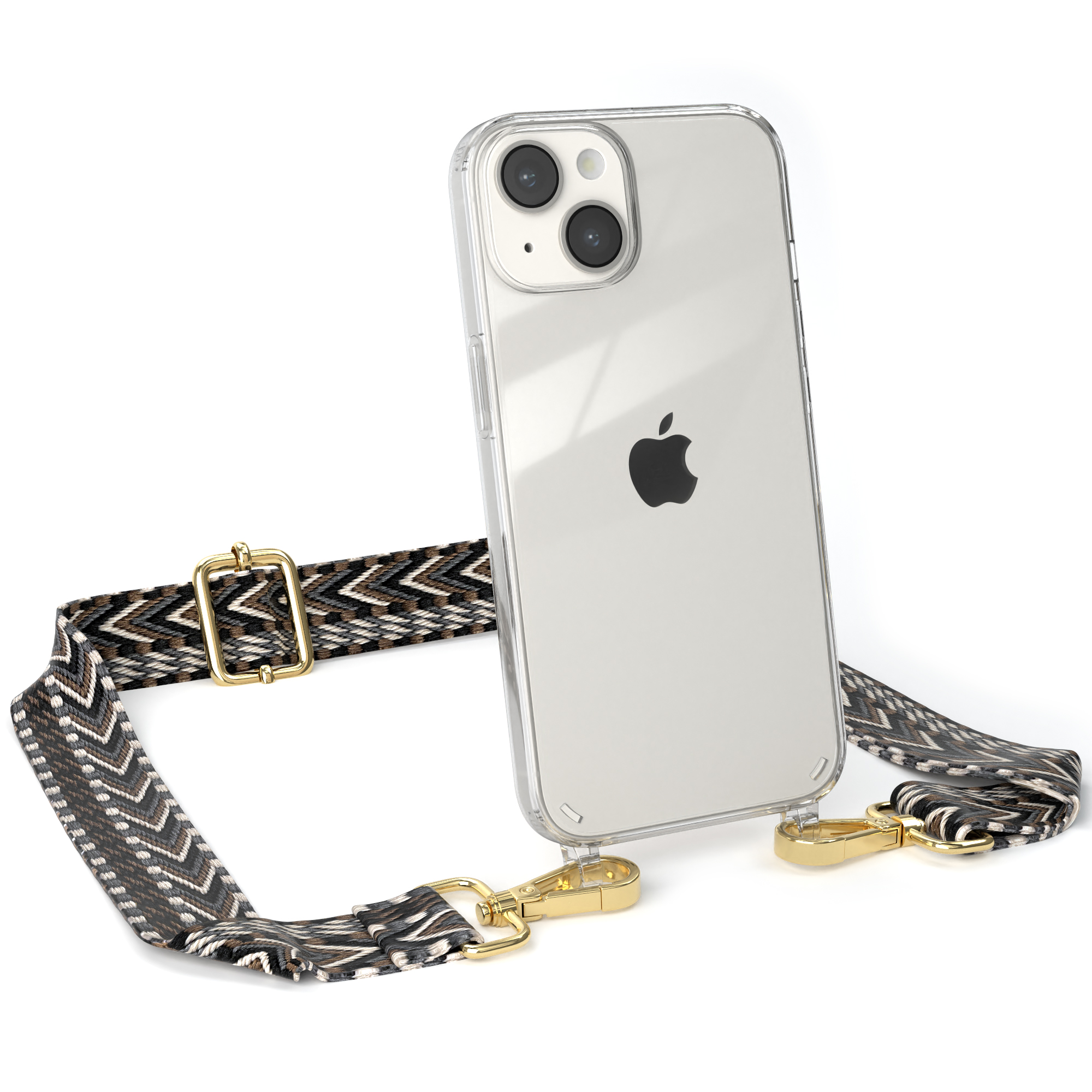 iPhone Handyhülle Grau mit EAZY Umhängetasche, 14, Schwarz / Boho Style, Kordel Transparente CASE Apple,