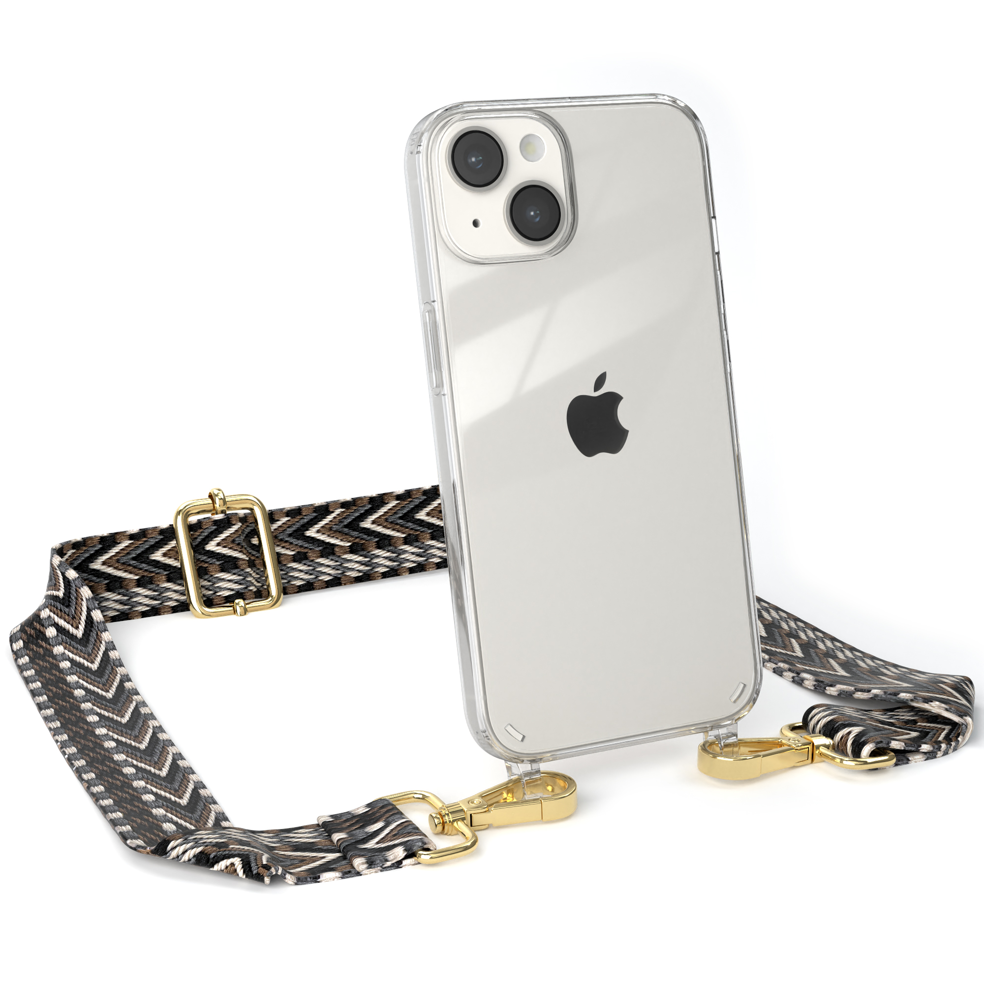 Transparente iPhone-Hülle mit Riemen. Der Riemen ist mit geometrischen Mustern verziert.