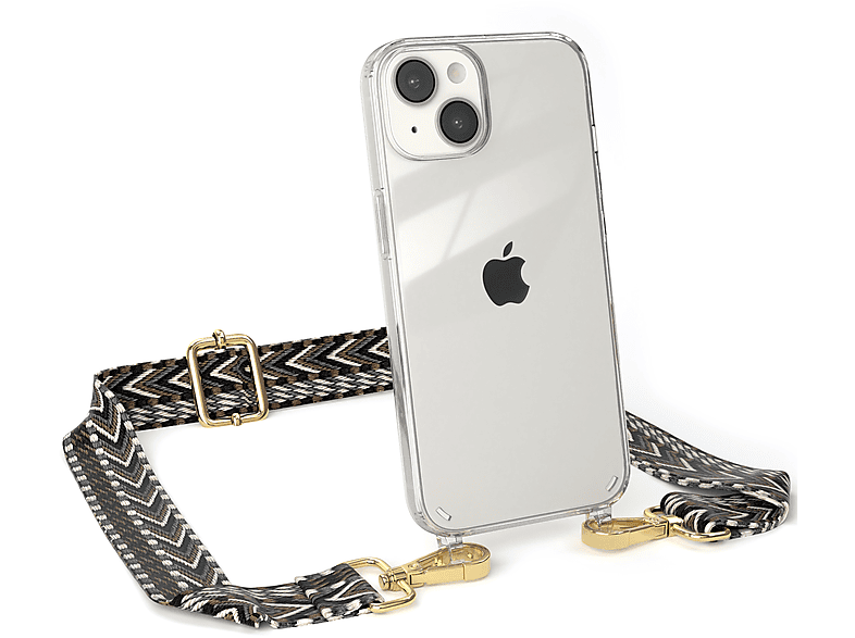 iPhone Handyhülle Grau mit EAZY Umhängetasche, 14, Schwarz / Boho Style, Kordel Transparente CASE Apple,