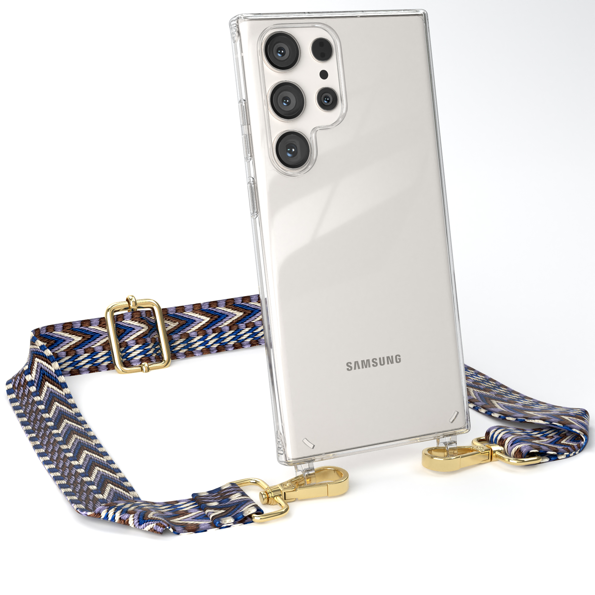 Transparente Handyhülle mit blauem Riemen, goldener Hardware, Samsung-Logo.