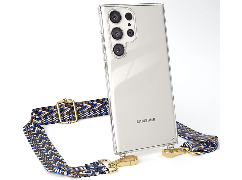 CASE EAZY Samsung, Style, Galaxy Boho Umhängetasche, Ultra, / mit Handyhülle Transparente Weiß Kordel S23 Blau