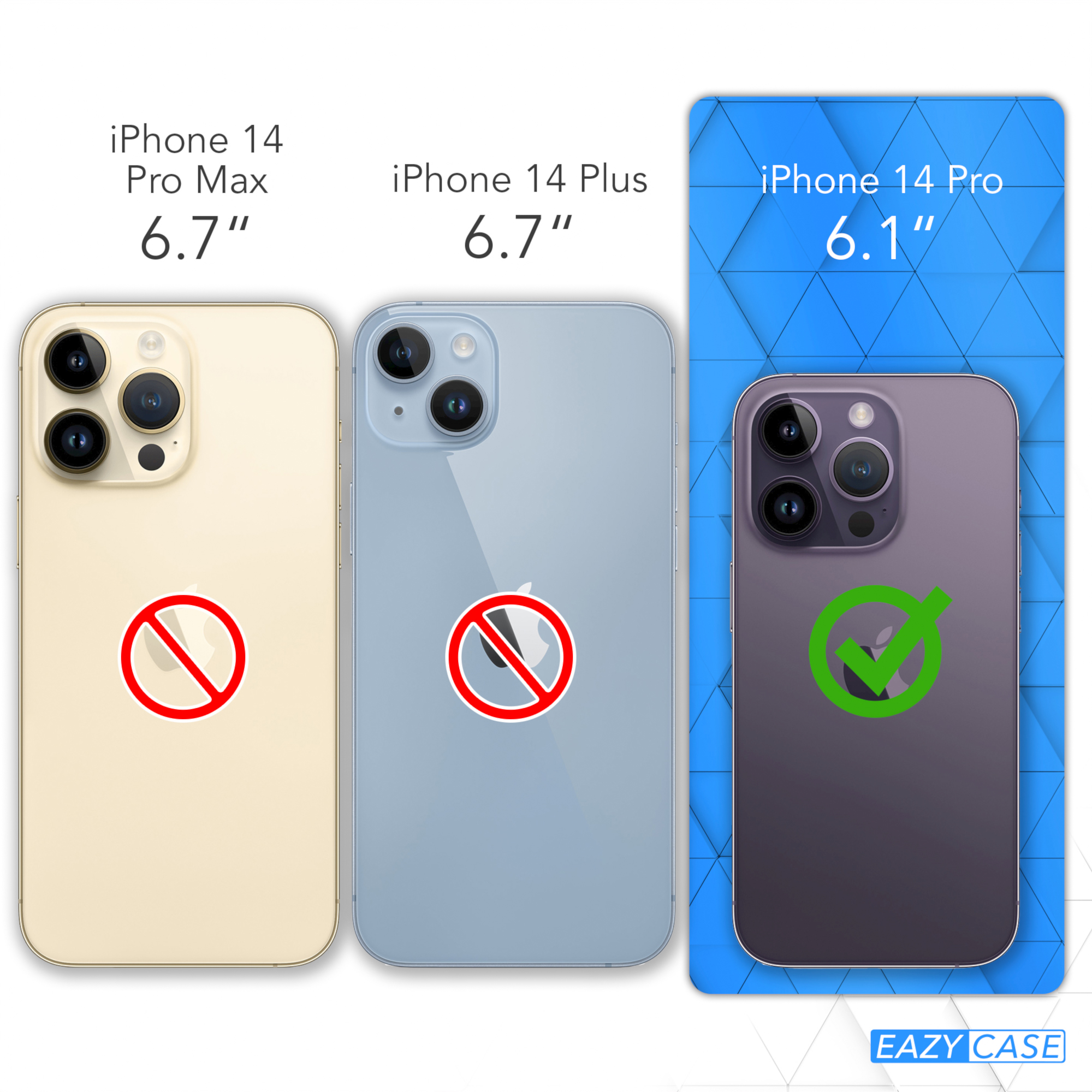 Vergleich von drei iPhones. Das iPhone 14 Pro hat ein Häkchen.
