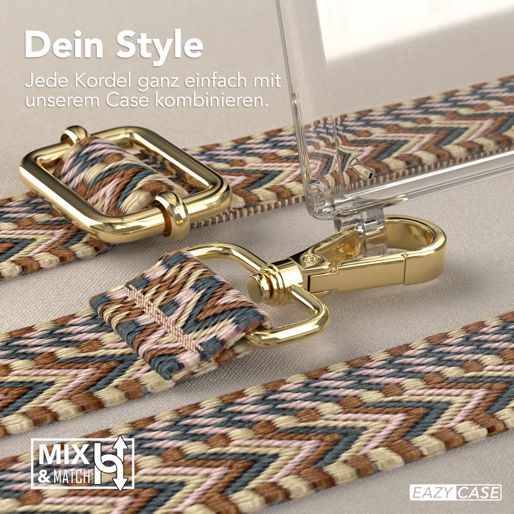 Nahaufnahme Handyhülle mit braunen, beigen, grauen Trägern und goldfarbener Hardware.