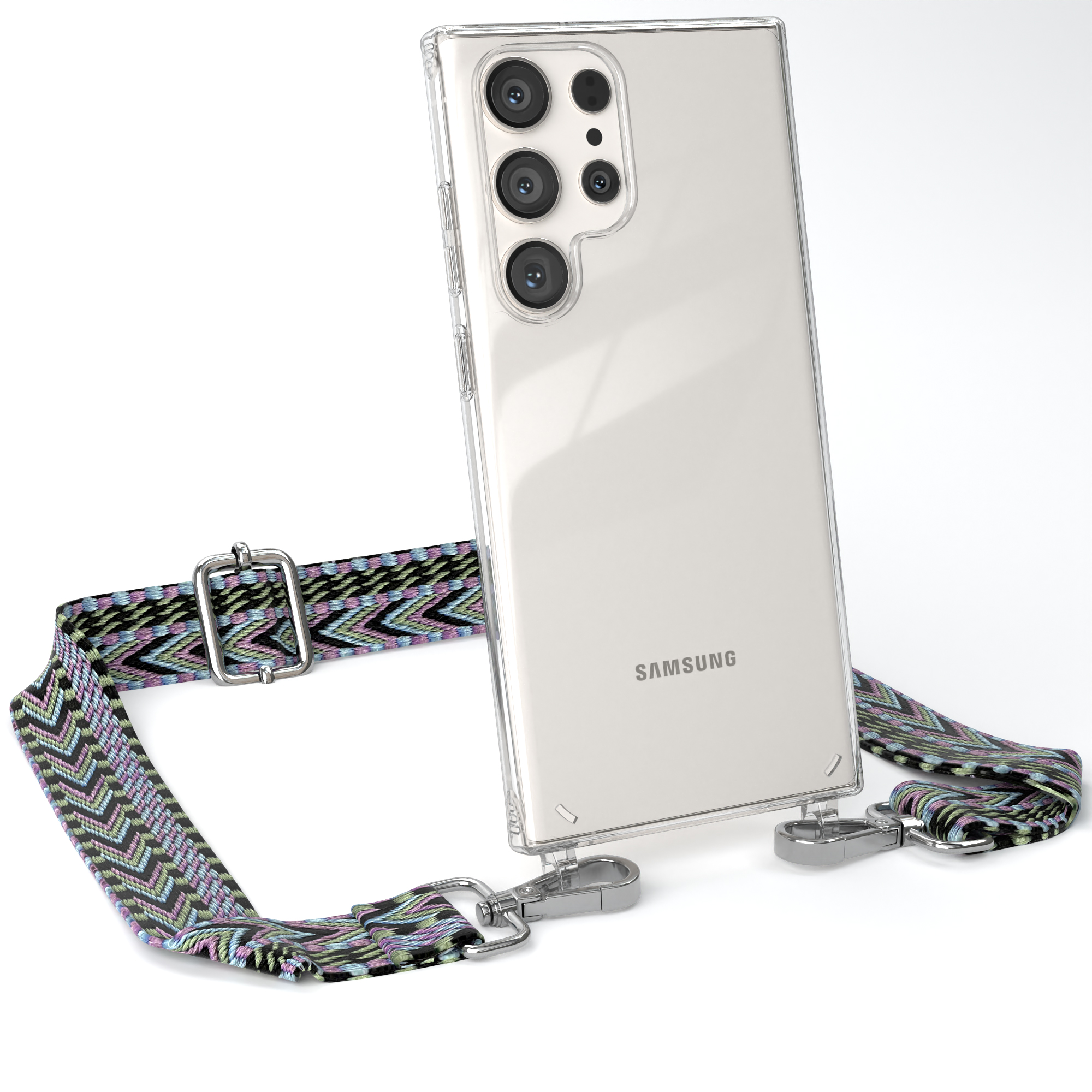 Klare Handyhülle mit gemustertem Riemen. Samsung-Logo sichtbar. Weißer Hintergrund.