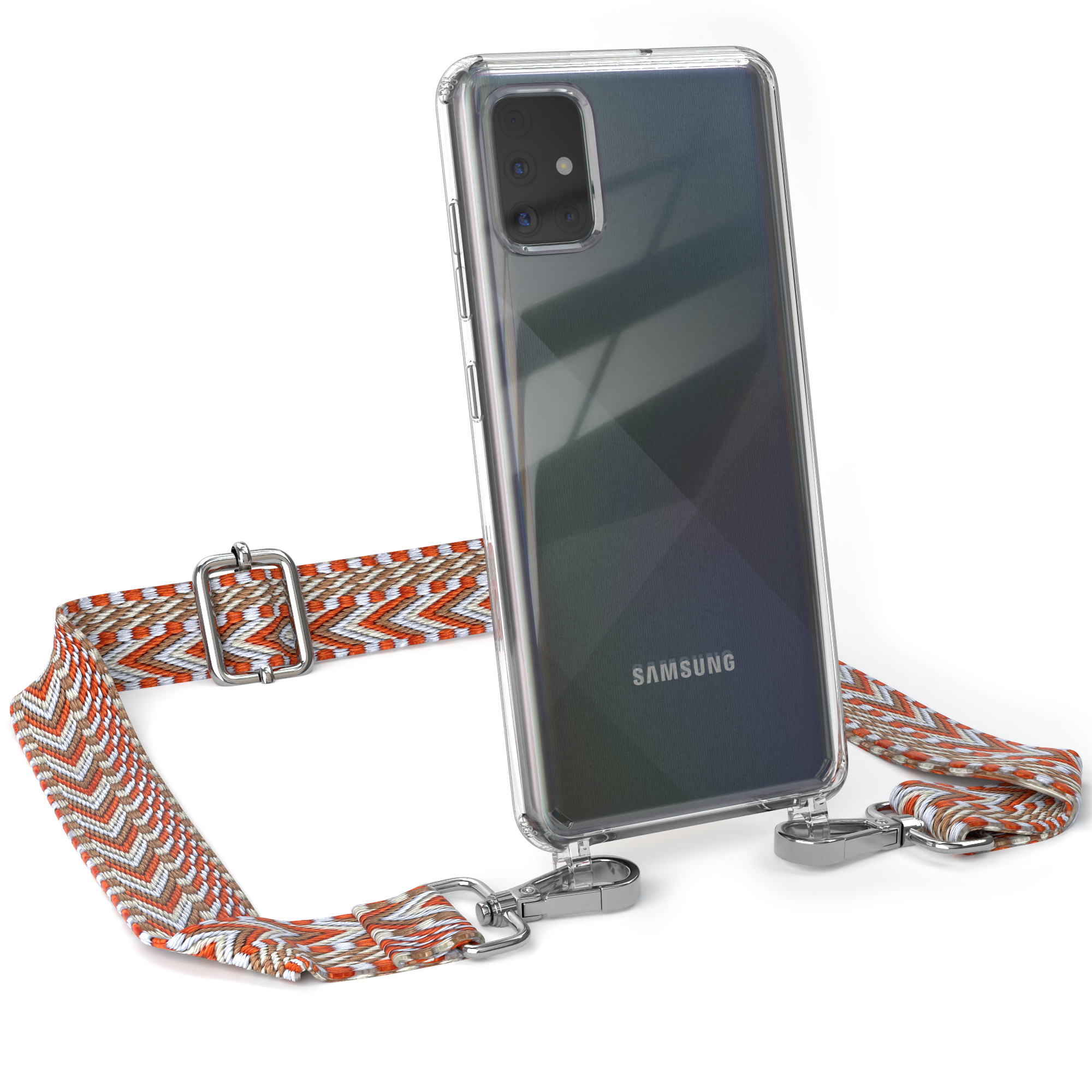 EAZY CASE Transparente Handyhülle Samsung, A51, Hellblau mit Umhängetasche, Rot Galaxy Kordel Style, / Boho