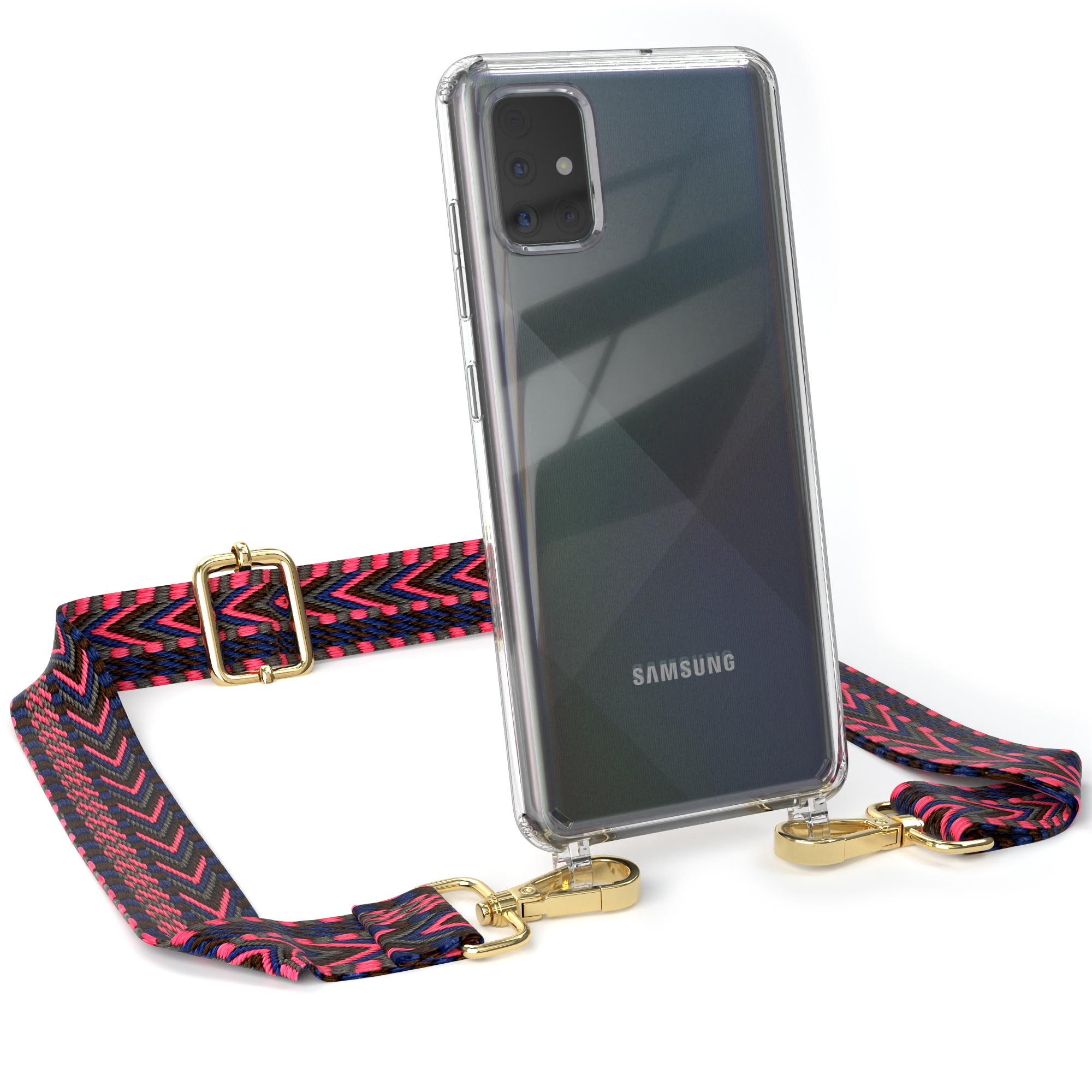Transparente Handyhülle mit gemustertem Riemen. Das Telefon ist schwarz, der Riemen ist rot und rosa.