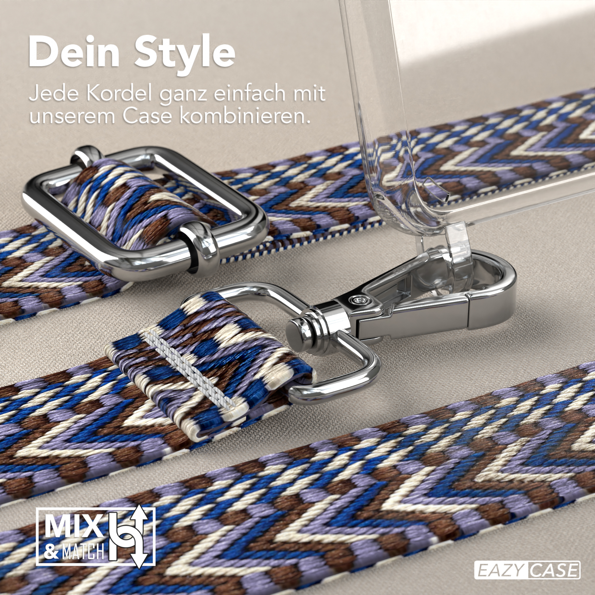 Nahaufnahme einer Handyhülle mit gemustertem Riemen. Die Hülle und der Riemen haben silberfarbene und blaue Akzente.