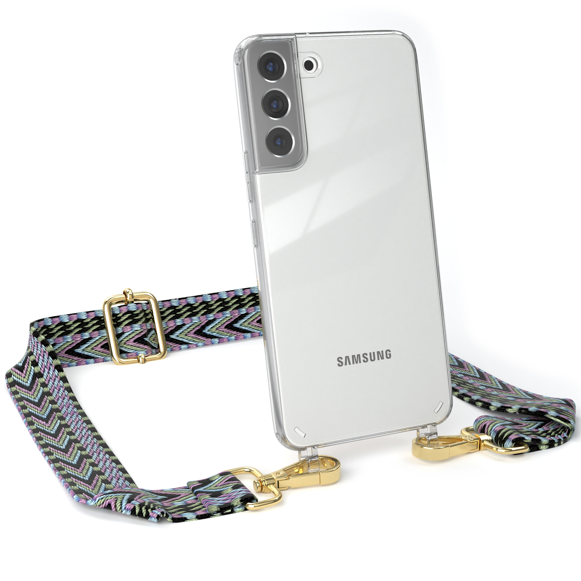 Transparente Handyhülle mit gemustertem Gurt. Das Telefon hat eine Kamera. Gurt hat grüne, lila und schwarze Zickzackmuster.