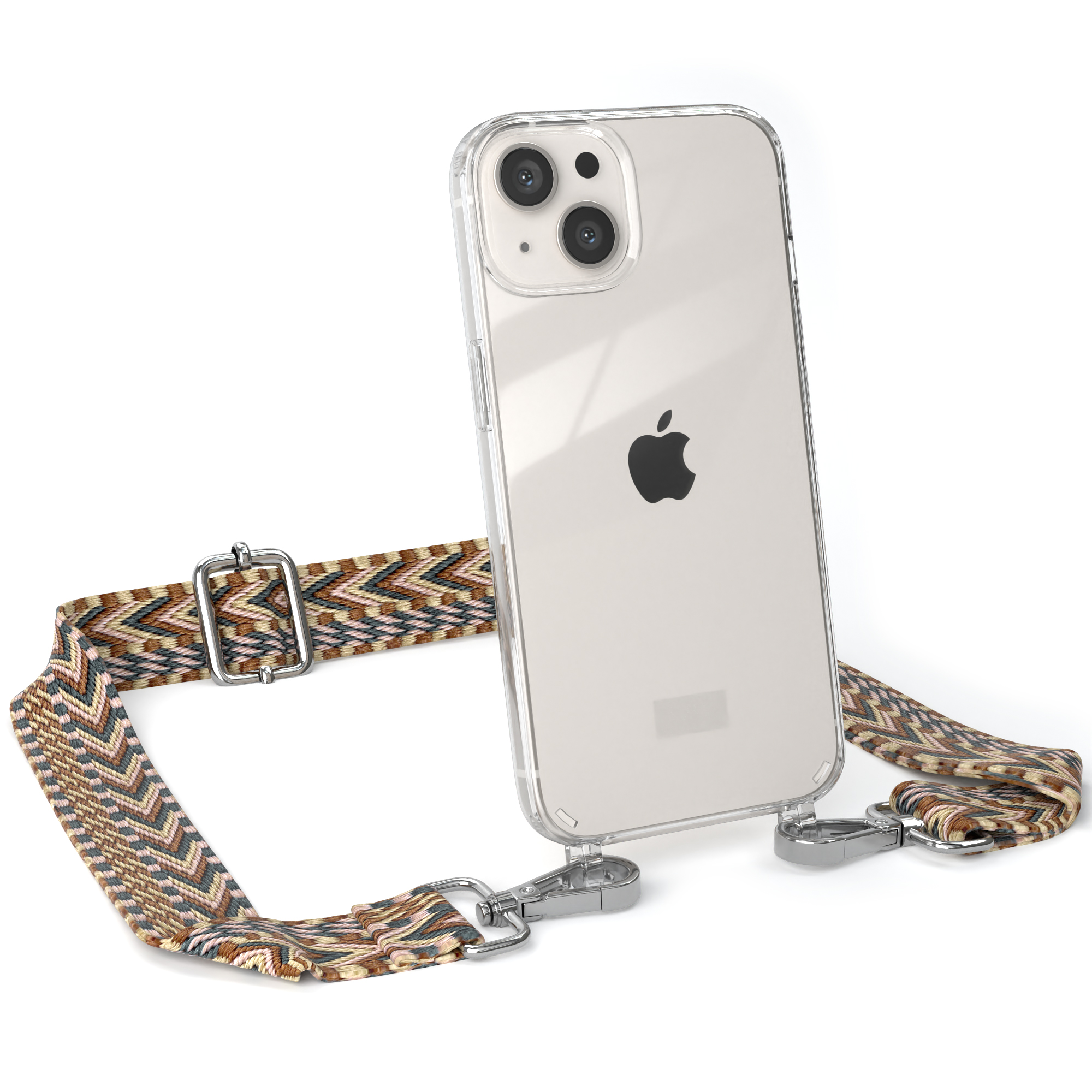 iPhone mit klarer Hülle, gemustertem Riemen und silberner Hardware. Apple-Logo sichtbar.