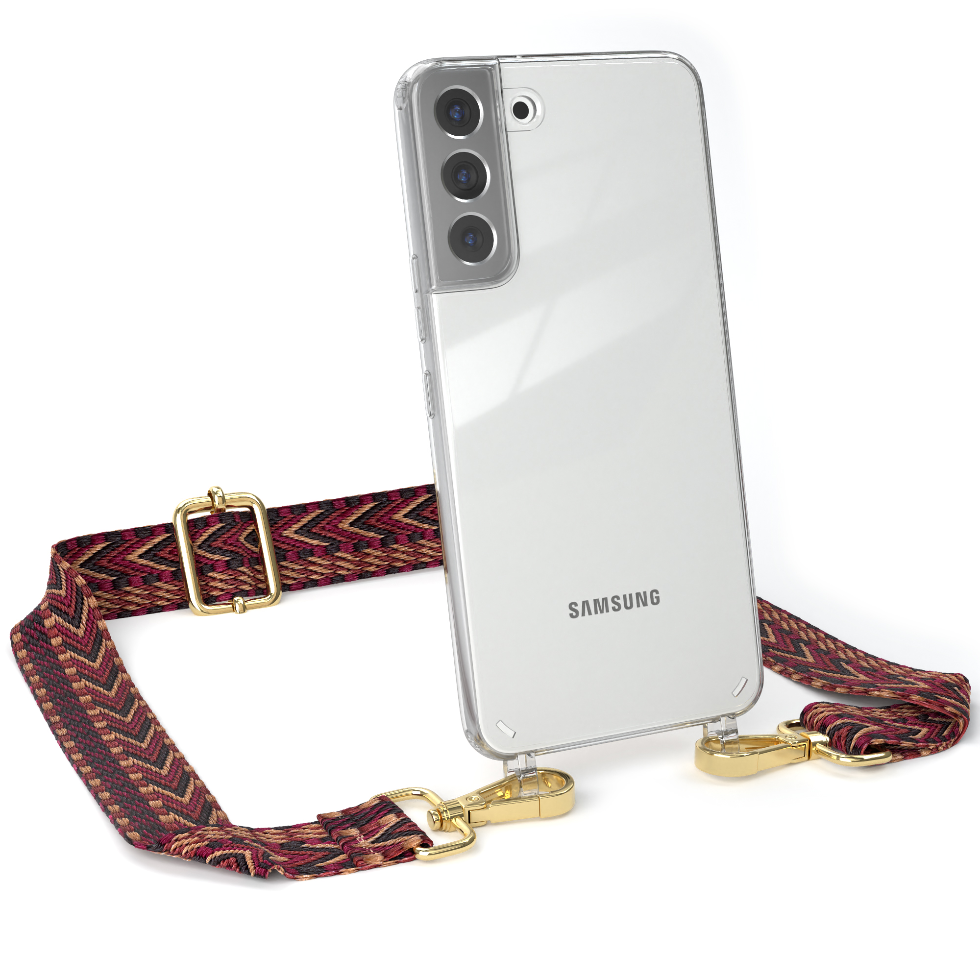 Transparente Handyhülle mit bordeauxfarbenem, gemustertem Riemen, der mit goldenen Verschlüssen befestigt ist. Ein Samsung-Telefon ist geneigt.