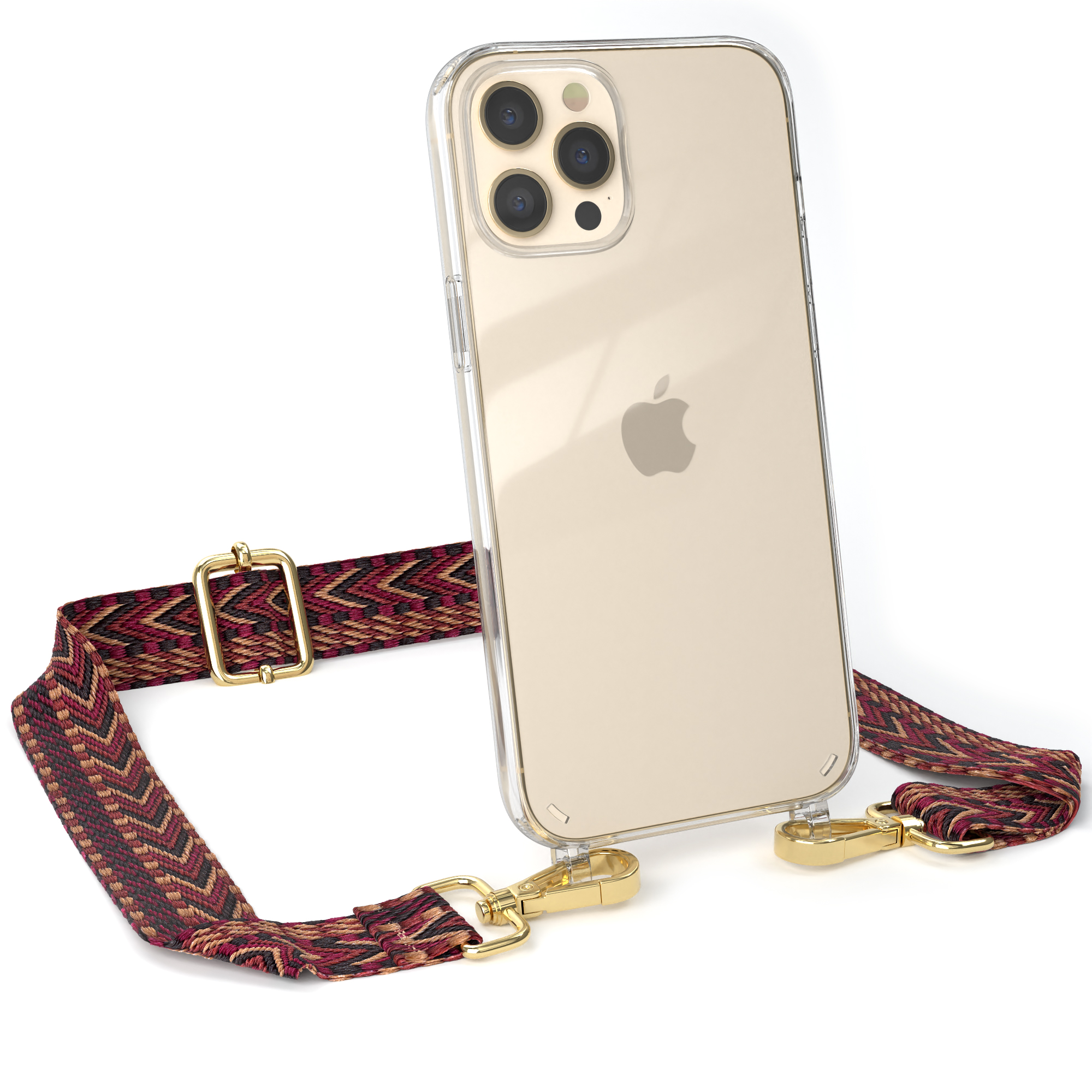 Transparente iPhone-Hülle mit gemustertem Riemen und goldenen Verschlüssen.