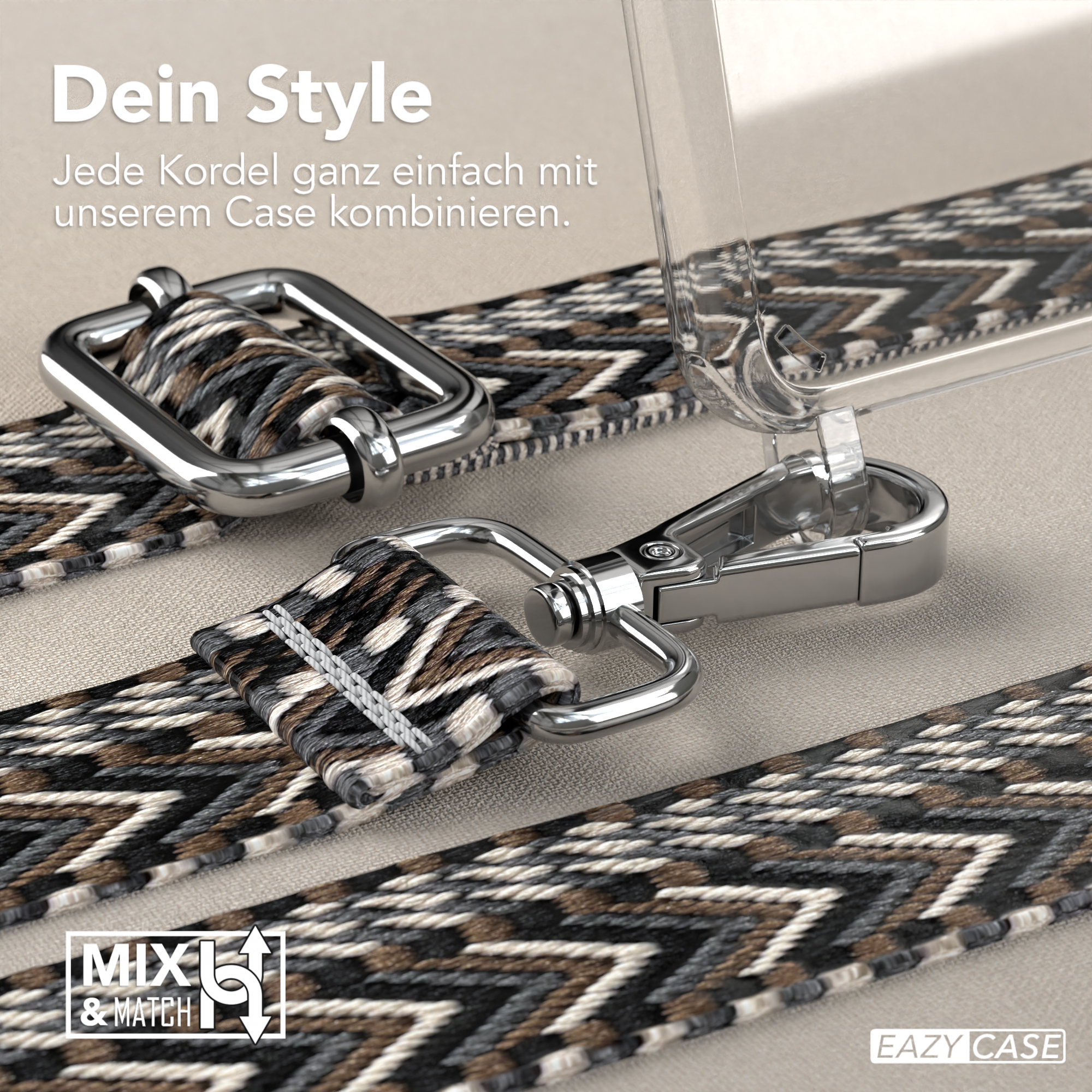 Nahaufnahme eines Handyhüllenriemens mit gemustertem Design und Metallclips.