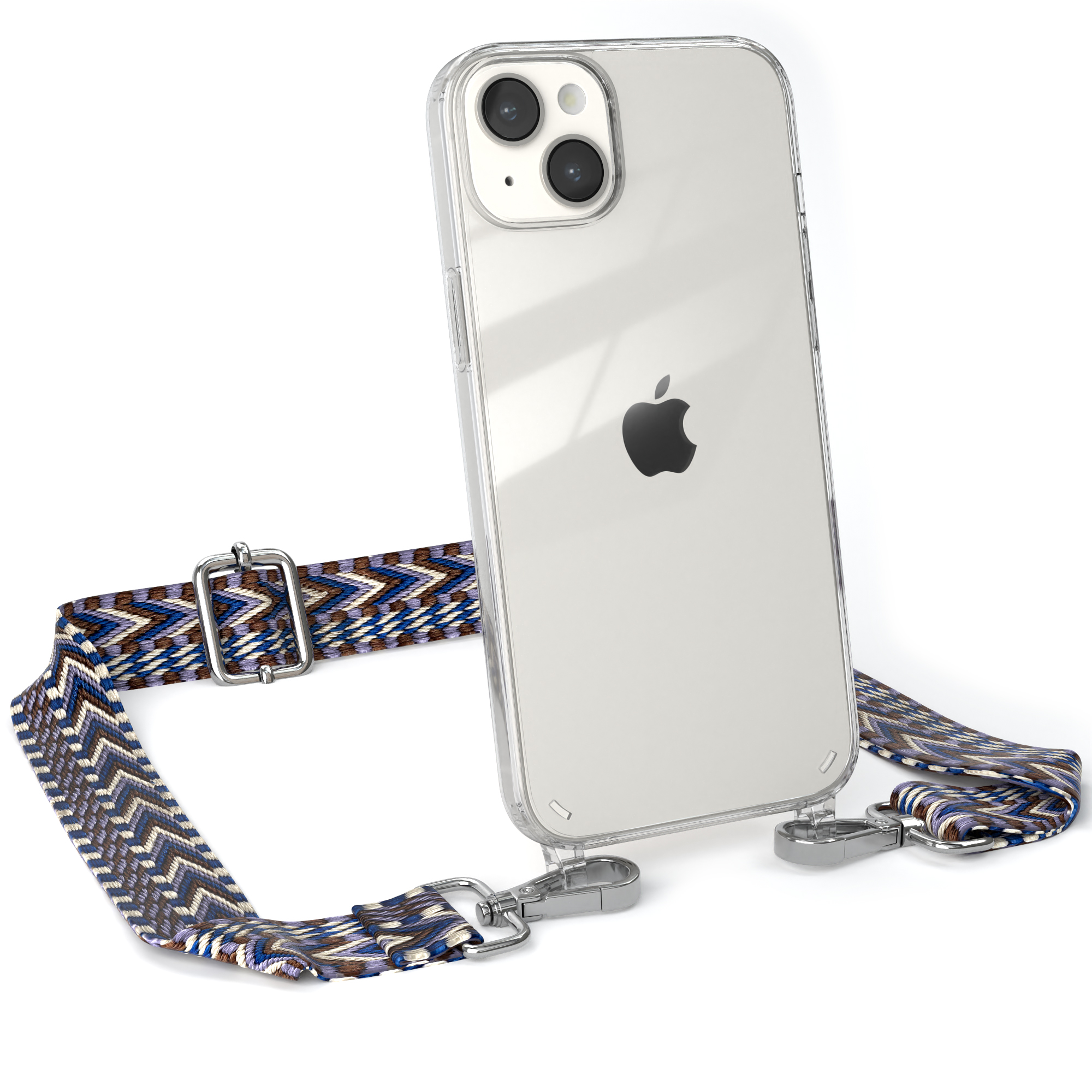 EAZY CASE Transparente Handyhülle 14 Blau iPhone Apple, Plus, / Kordel Umhängetasche, Style, Weiß Boho mit