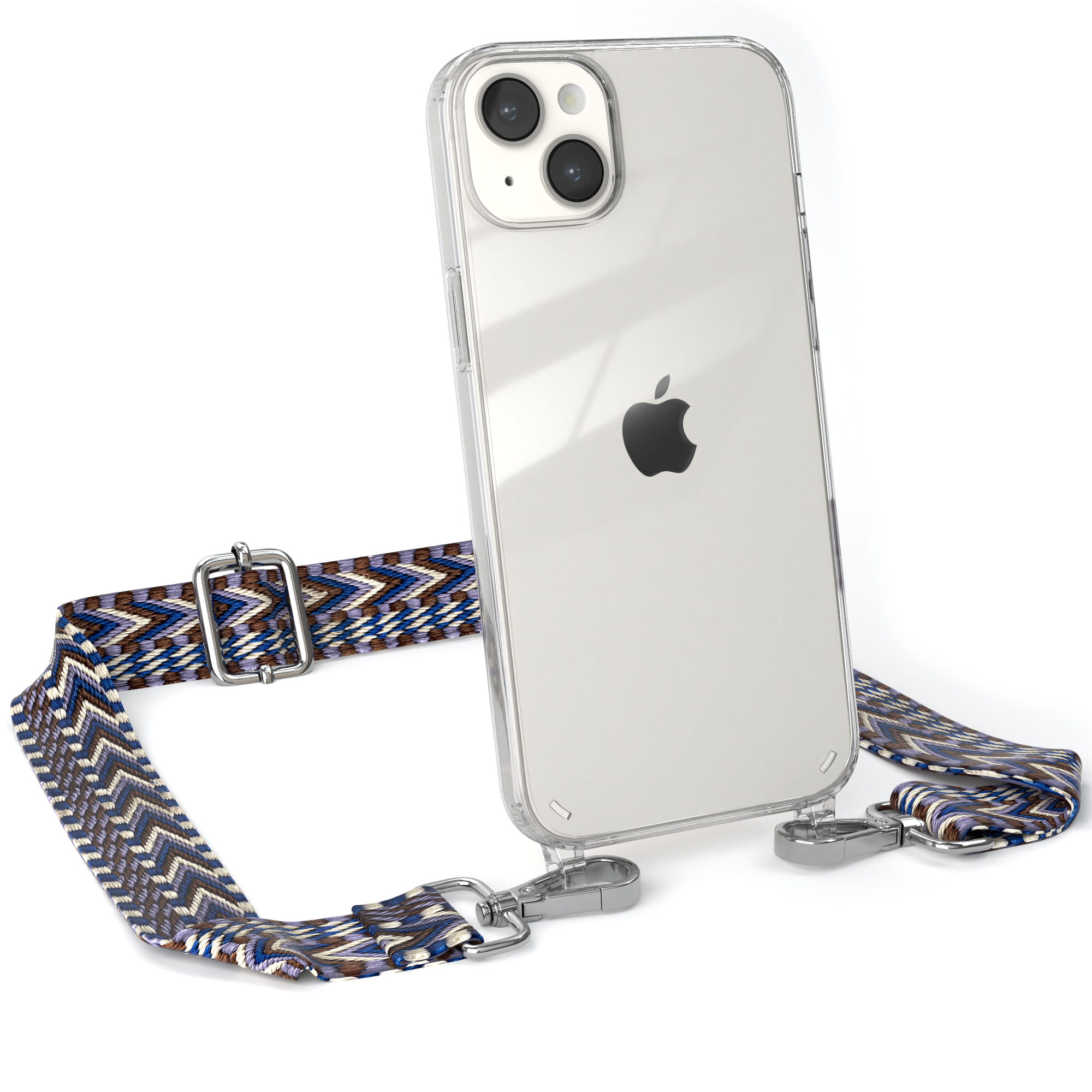 Transparente iPhone-Hülle mit blauem und weißem Riemen. Silberne Hardware. Weißer Hintergrund.