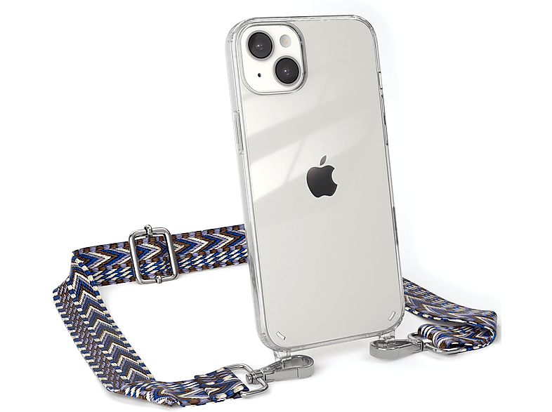 EAZY CASE Transparente Handyhülle 14 Blau iPhone Apple, Plus, / Kordel Umhängetasche, Style, Weiß Boho mit