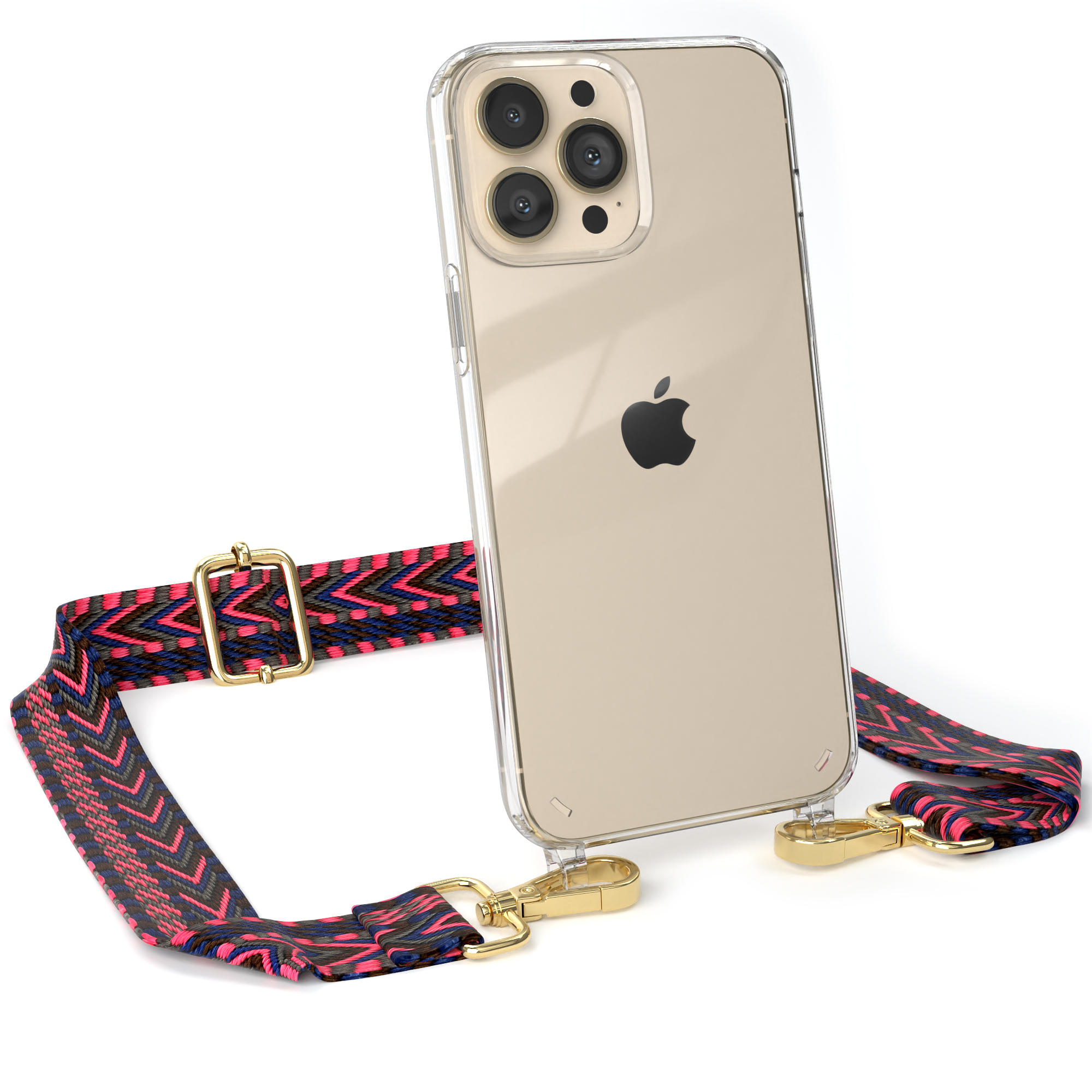 Transparente Handyhülle mit gemustertem Riemen. Telefon hat Apple-Logo, Riemen hat rosa und schwarze Zickzackmuster, beide mit goldenen Verschlüssen.