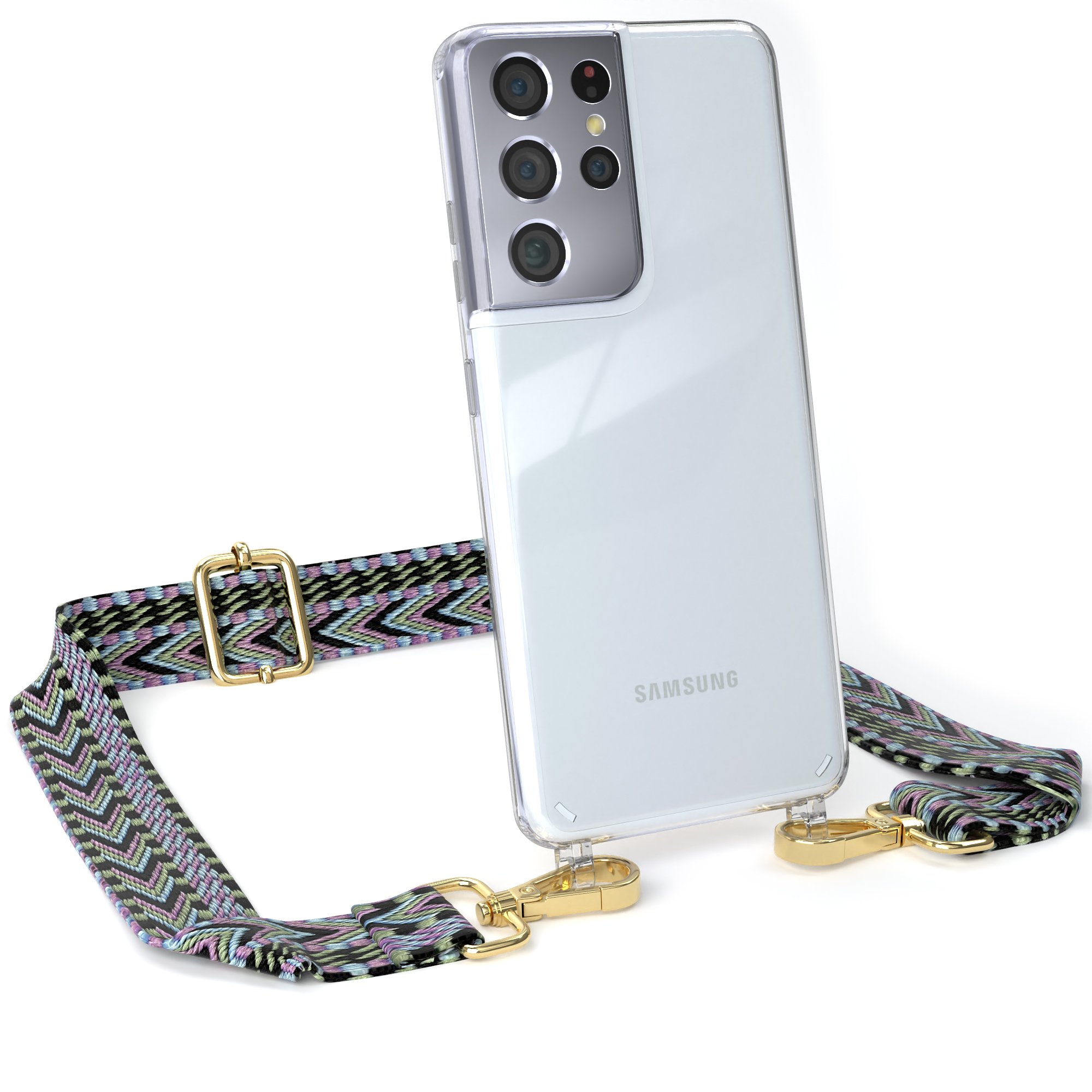 S21 Kordel 5G, Handyhülle Boho mit / Ultra EAZY Samsung, Galaxy Violett Transparente CASE Style, Grün Umhängetasche,