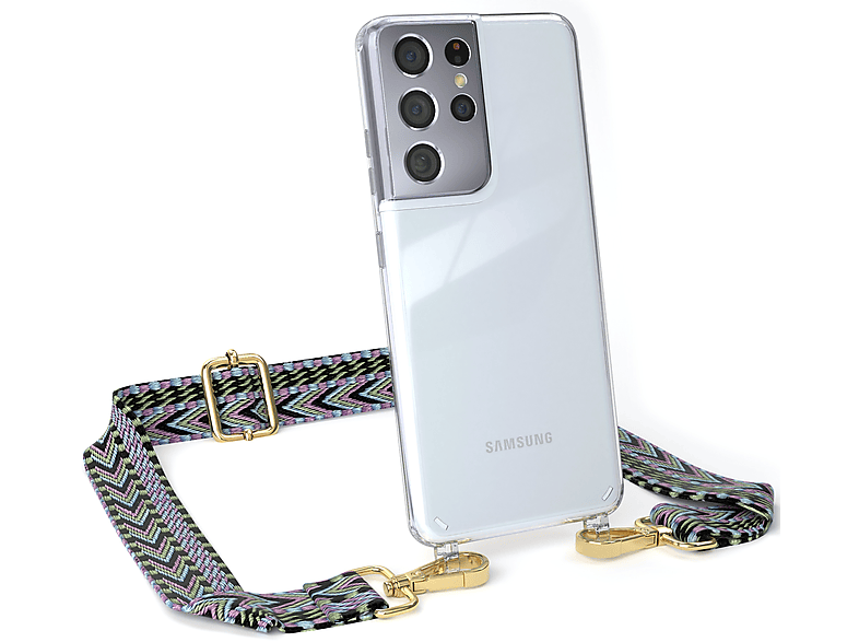 EAZY CASE Transparente Handyhülle mit Kordel Boho Style, Umhängetasche, Samsung, Galaxy S21 Ultra 5G, Violett / Grün