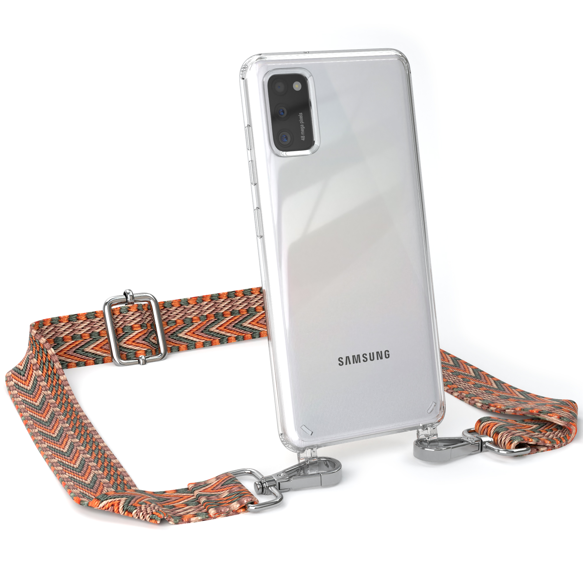 EAZY CASE Transparente Boho / Grün Kordel Handyhülle mit Orange Galaxy Umhängetasche, A41, Samsung, Style