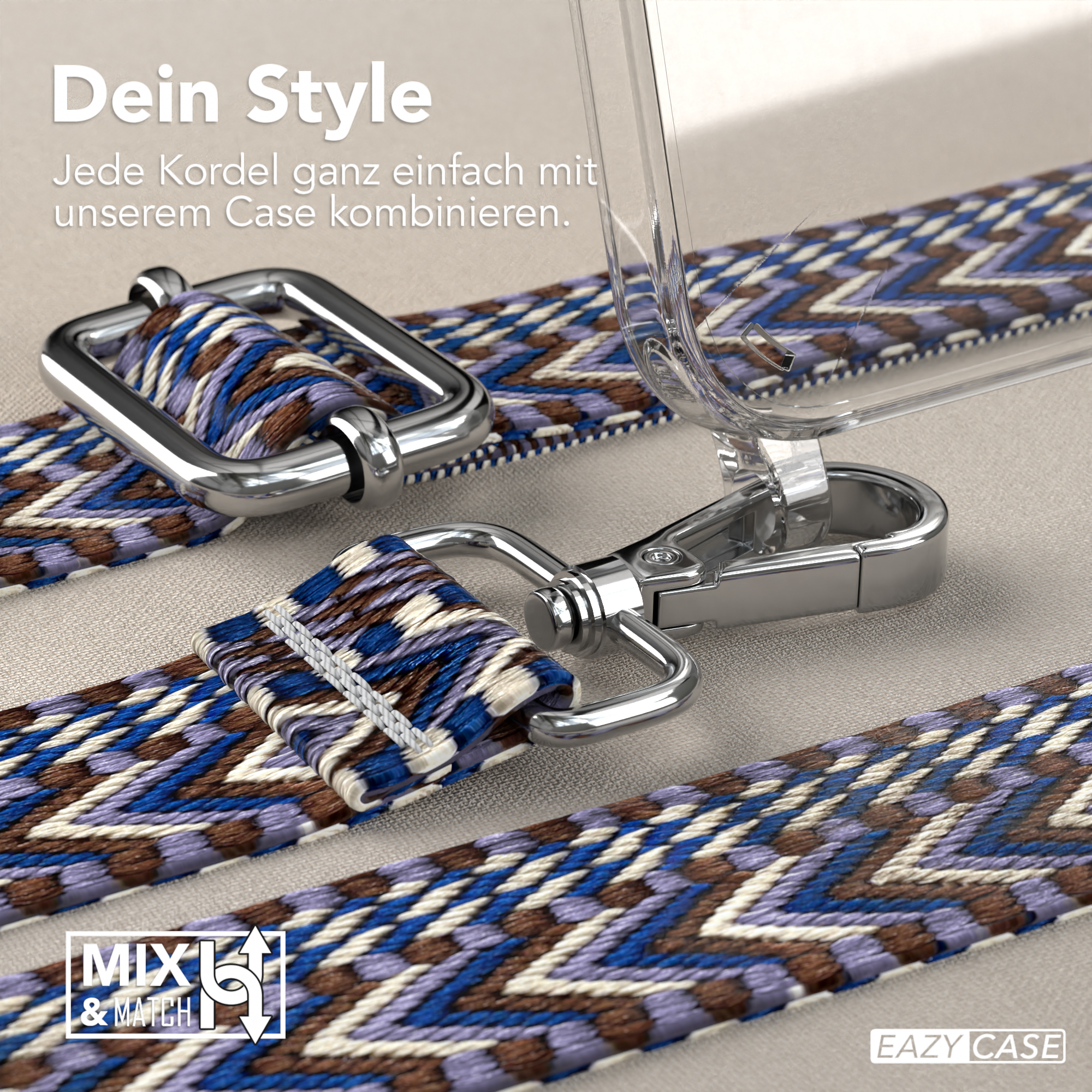 Nahaufnahme einer Handyhülle mit blau, lila und weißen gemusterten Trägern.