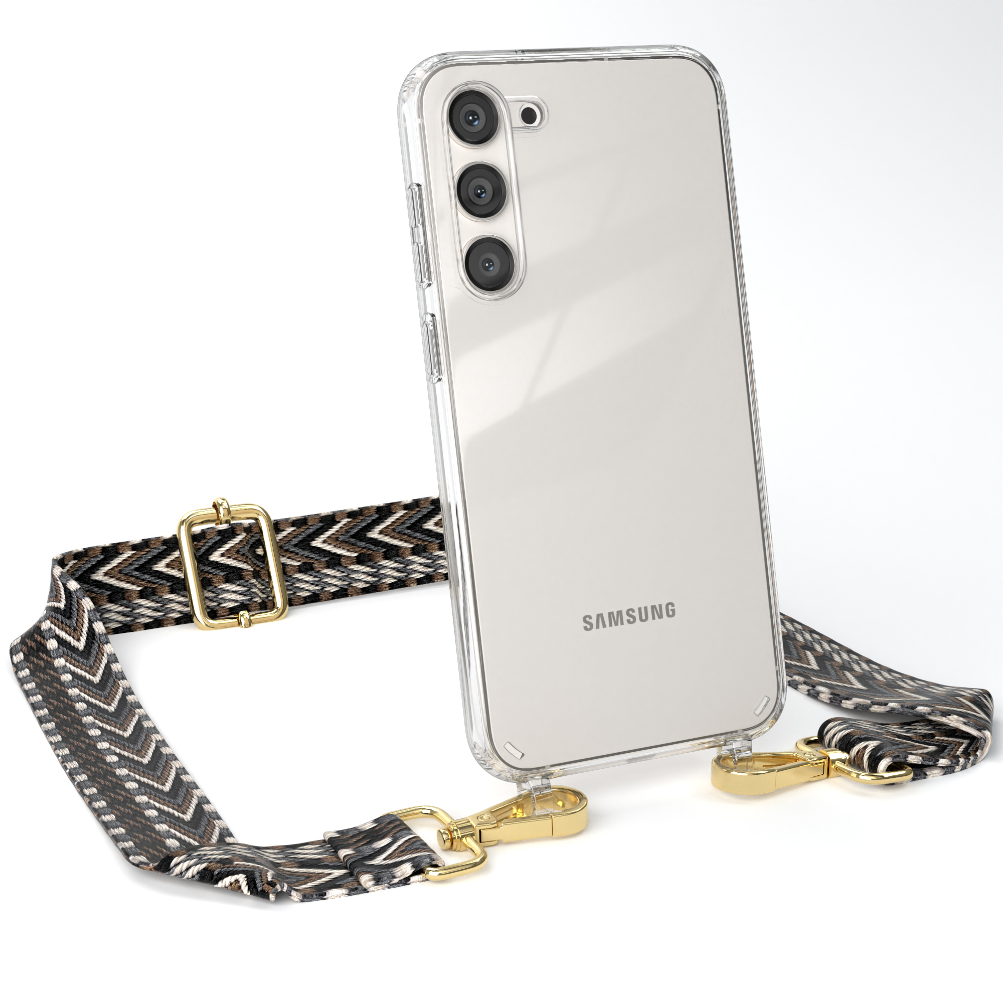 Transparente Handyhülle mit gemustertem Riemen. Goldene Hardware. Samsung-Handy. Weißer Hintergrund.