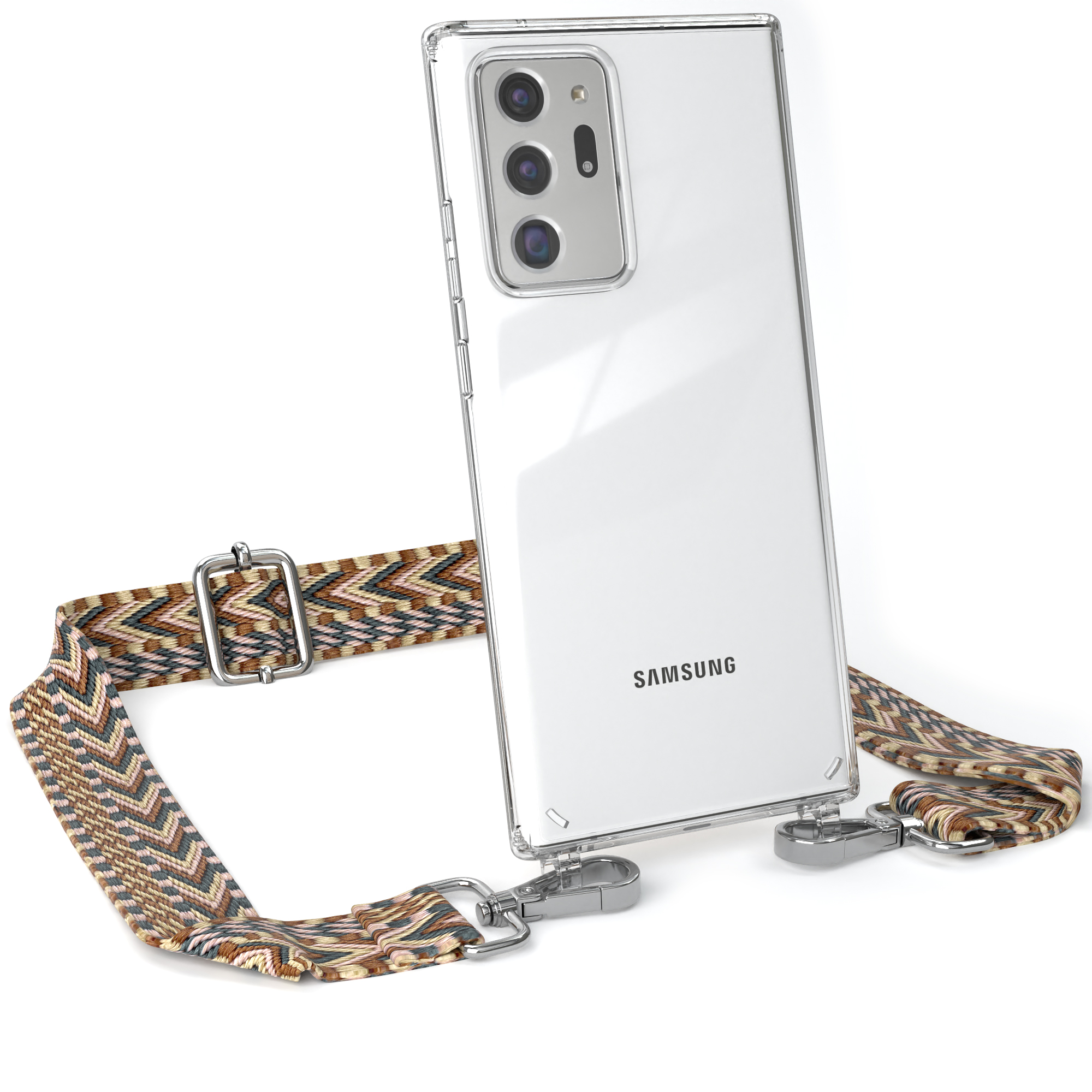 Transparente Handyhülle mit gemustertem Riemen, der mit silbernen Verschlüssen befestigt ist. Ein Samsung-Telefon ist geneigt.