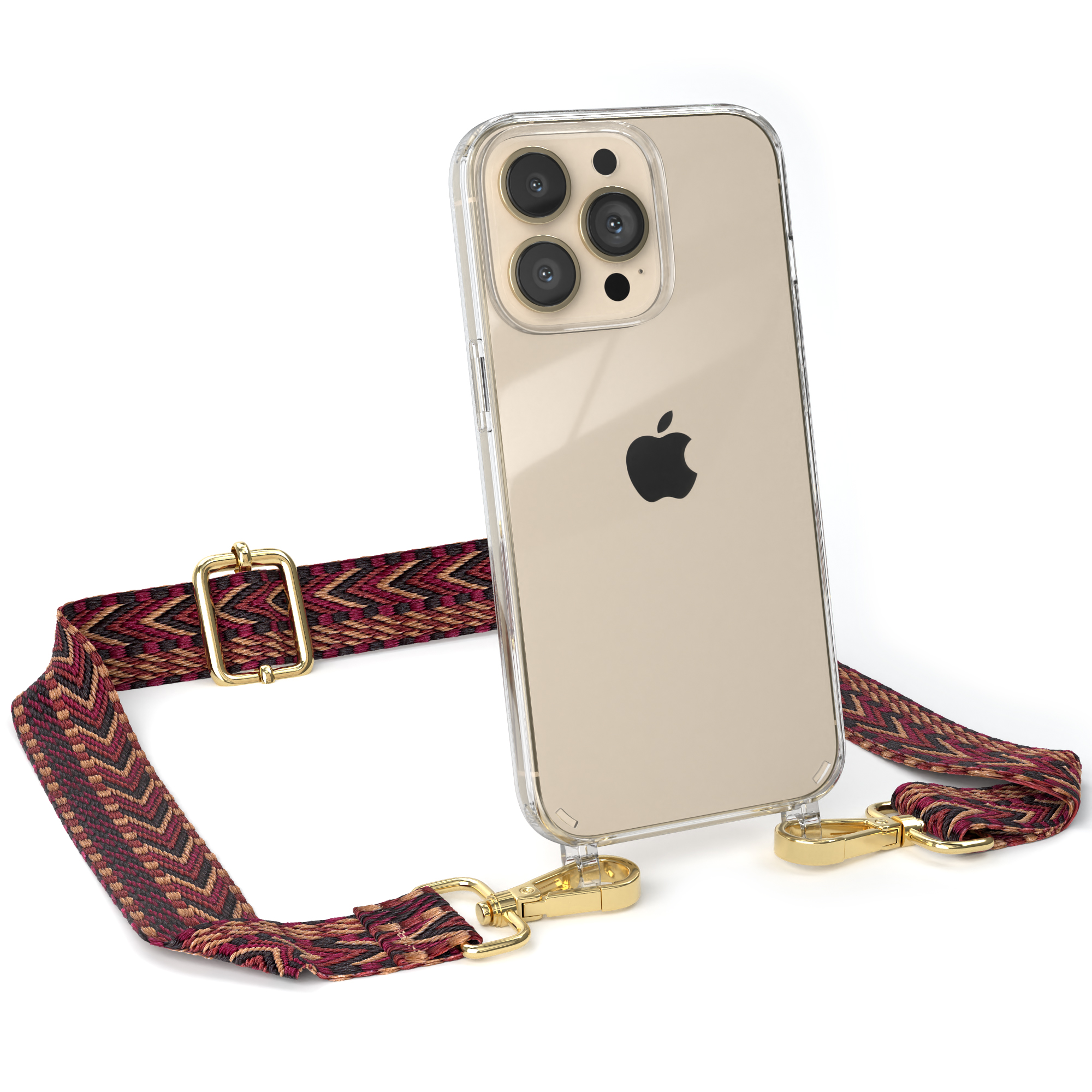 Transparente iPhone-Hülle mit Riemen. Apple-Logo sichtbar. Riemen mit roten und goldenen Zickzackmustern.