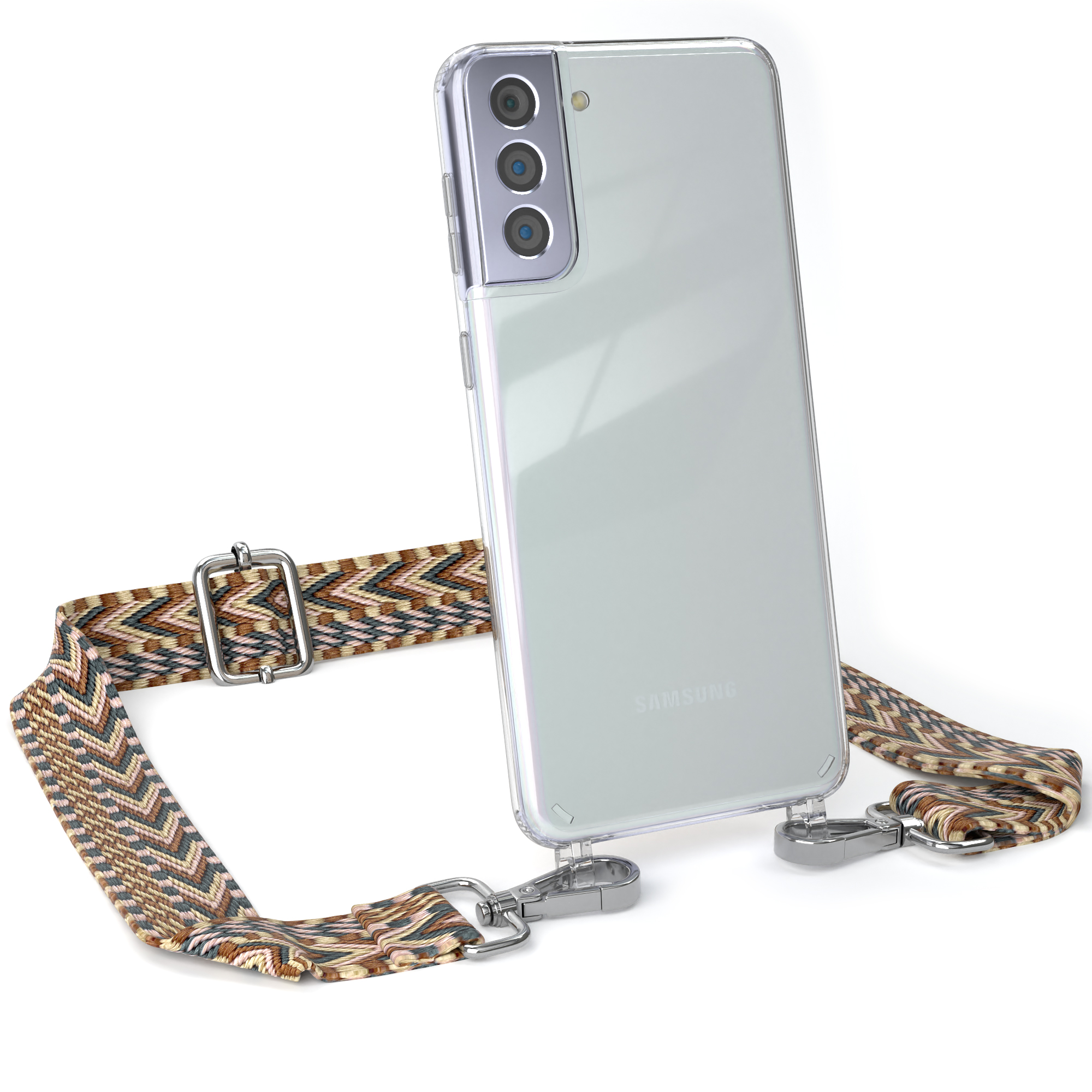 Transparente Handyhülle mit gemustertem Riemen, befestigt an einem Samsung-Handy. Weißer Hintergrund.