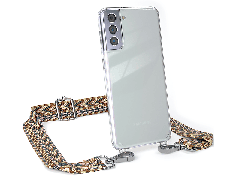 EAZY CASE Transparente Handyhülle mit Kordel Boho Style, Umhängetasche, Samsung, Galaxy S21 Plus 5G, Braun Mix
