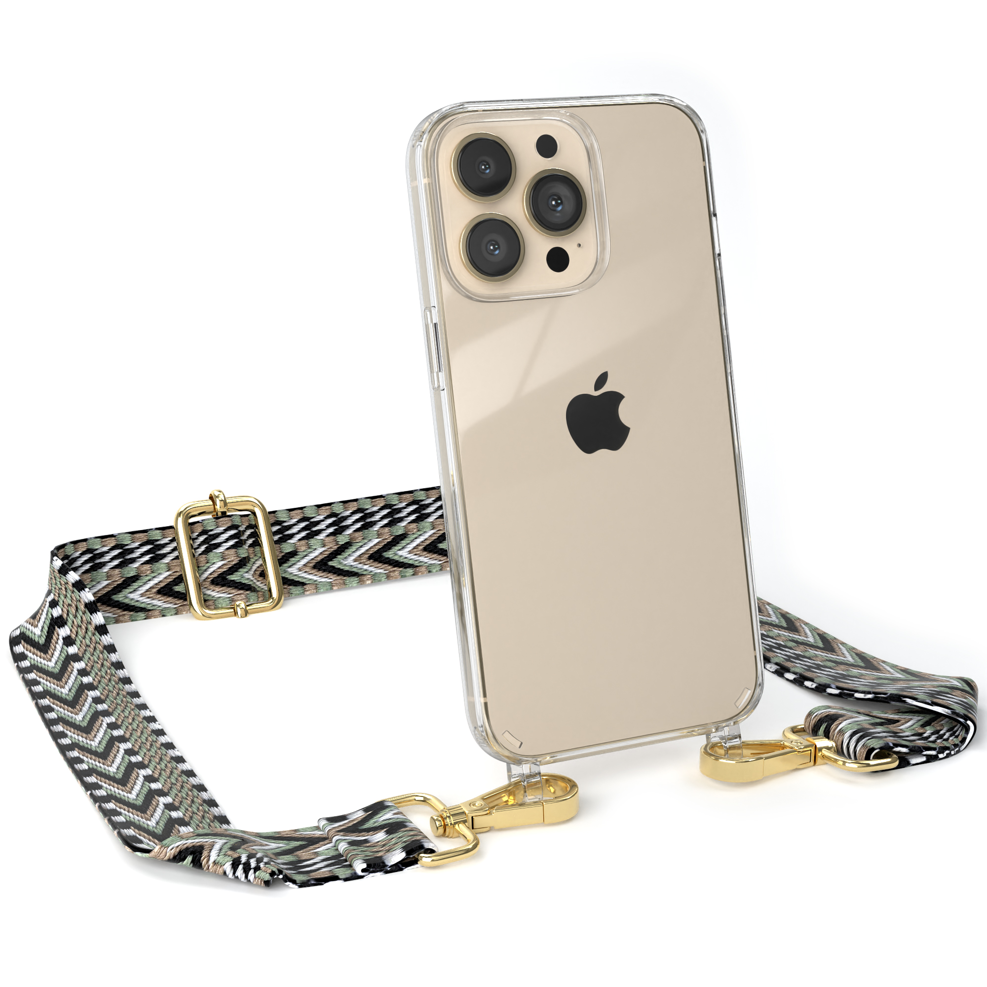 Transparente Handyhülle mit gemustertem Riemen, goldenen Verschlüssen. Apple-Logo auf dem Telefon.