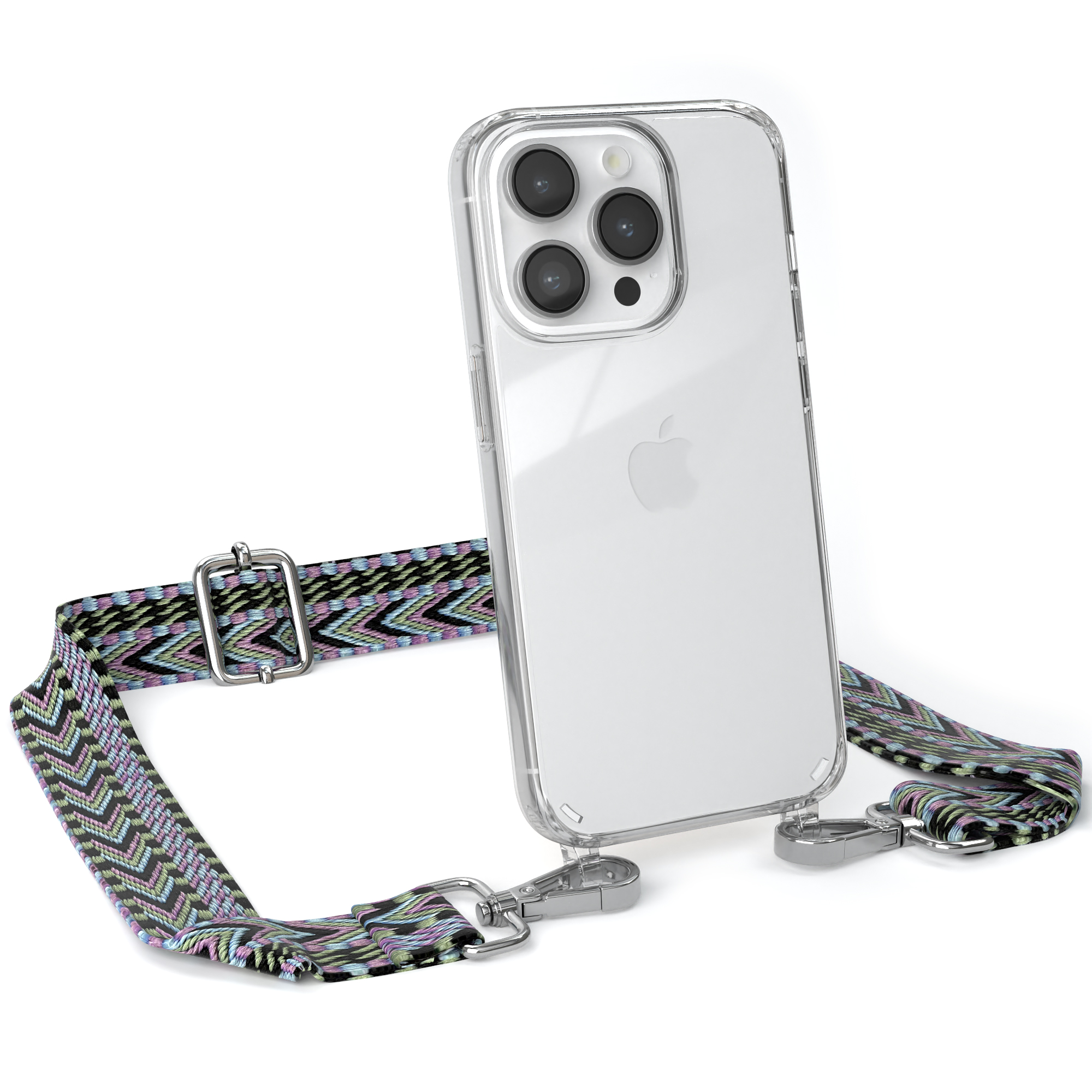 Transparente Handyhülle mit gemustertem Gurt. Das Telefon hat eine Kamera. Gurt hat grüne, lila und schwarze Zickzackmuster.
