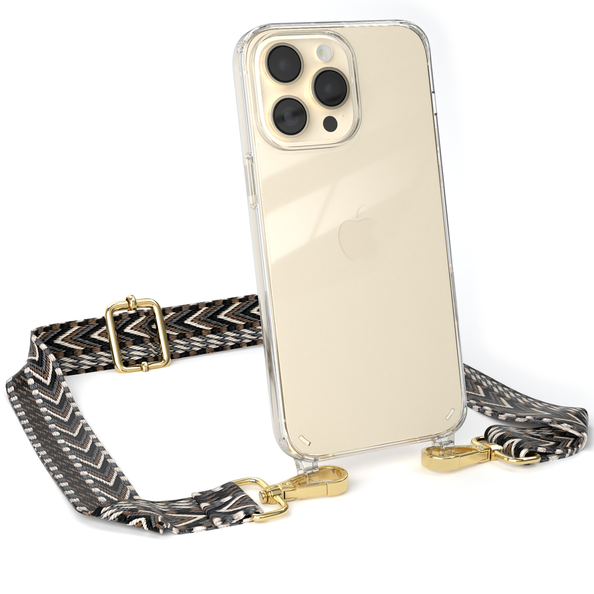 EAZY CASE Grau mit iPhone Umhängetasche, Schwarz Kordel Max, 14 / Transparente Style, Boho Pro Apple, Handyhülle
