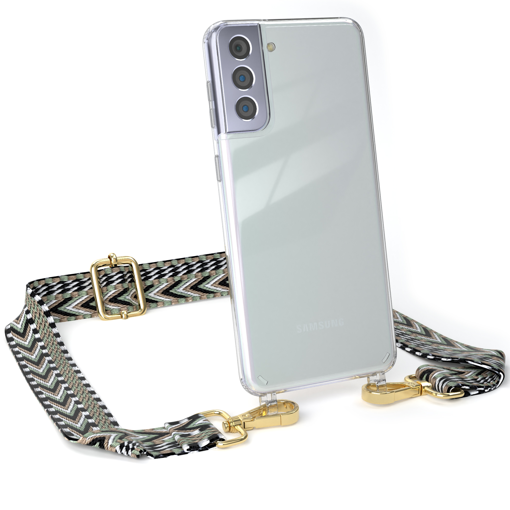 Kordel Style, Plus Boho Transparente EAZY CASE / Samsung, 5G, Handyhülle Schwarz Grün Galaxy mit Umhängetasche, S21