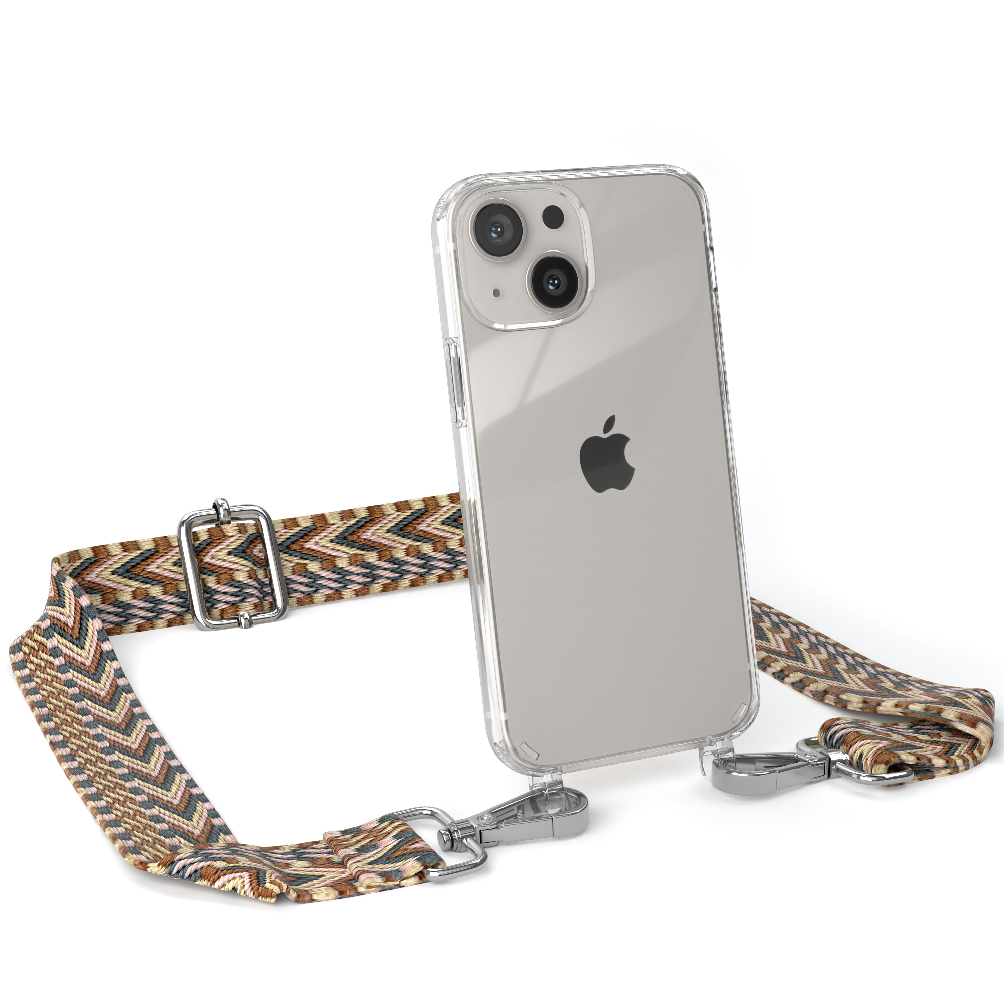 Transparente Handyhülle mit Riemen, graues Telefon, braun-beiger Riemen, silberne Verschlüsse.