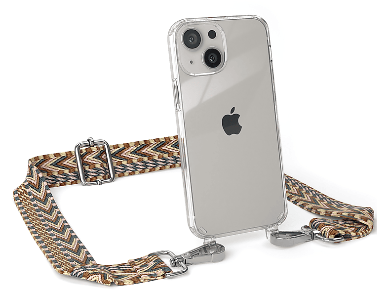 EAZY CASE Transparente Handyhülle mit Kordel Boho Style, Umhängetasche, Apple, iPhone 13 Mini, Braun Mix