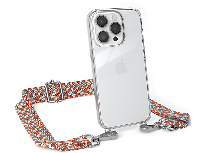 EAZY CASE Transparente Handyhülle mit Kordel Boho Style, Umhängetasche, Apple, iPhone 14 Pro, Hellblau / Rot