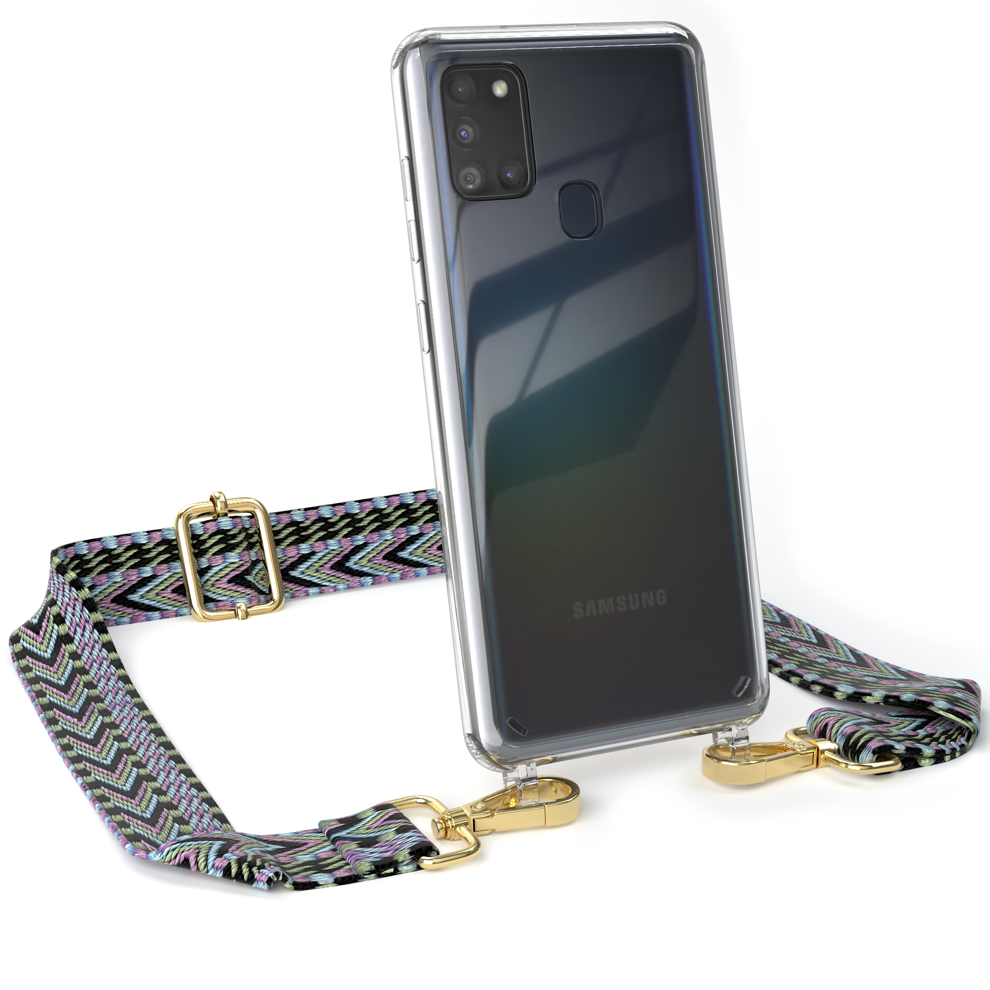 EAZY CASE / Boho Handyhülle mit Samsung, Umhängetasche, Galaxy Violett Grün Transparente Kordel Style, A21s