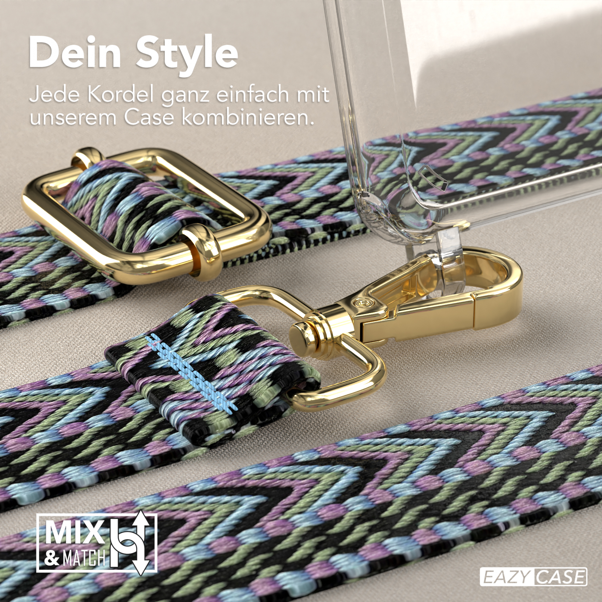 Handyhülle und -band mit blauem, grünem und schwarzem Design.