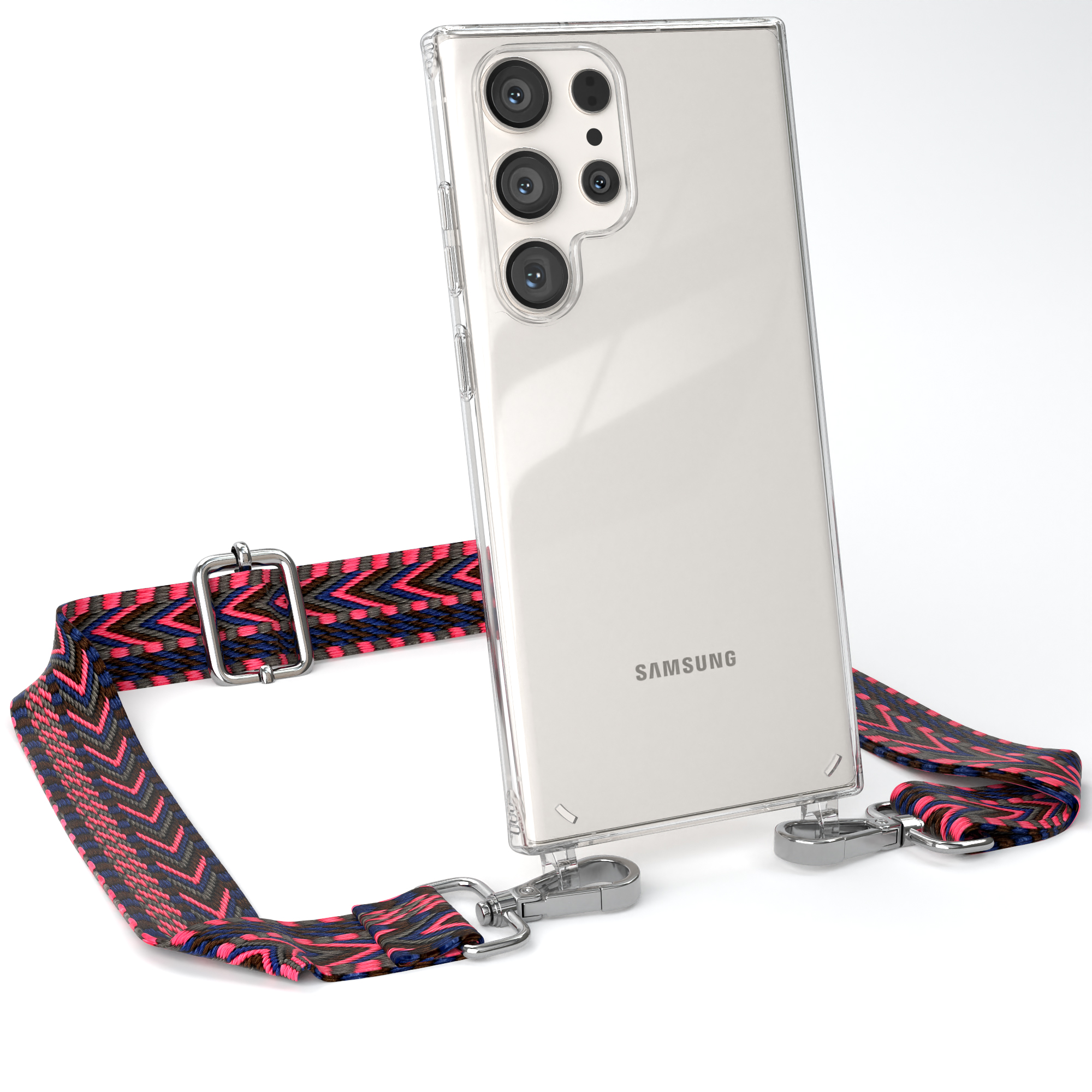 CASE Umhängetasche, Handyhülle Samsung, Galaxy Boho Ultra, Blau Transparente EAZY / Style, S23 mit Pink Kordel