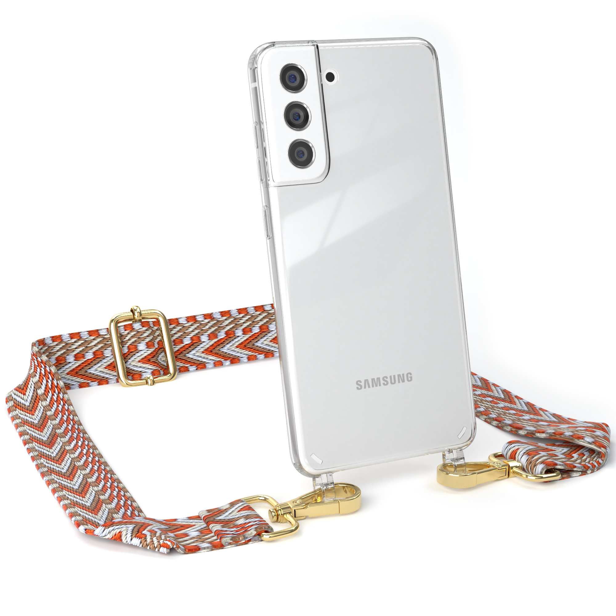 Transparente Handyhülle mit gemustertem Gurt. Das Telefon hat eine Kamera. Gurt hat orangefarbene, weiße und braune Zickzackmuster.